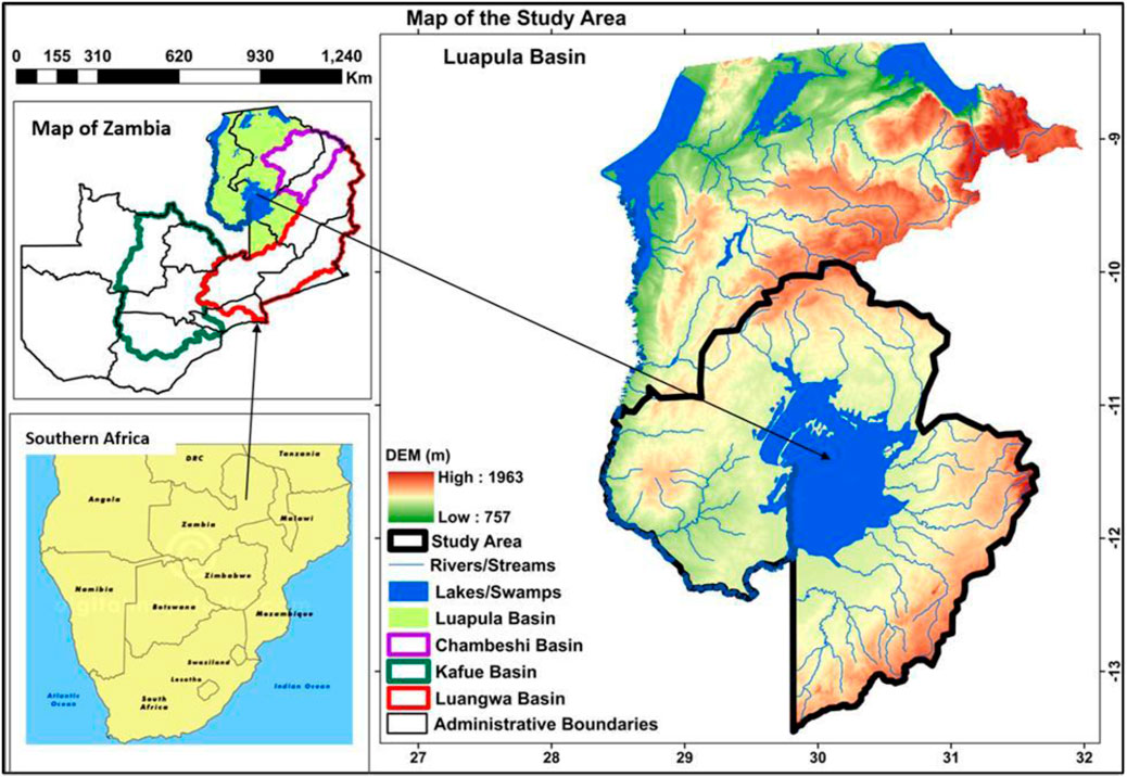 Map depicting the Luapula Basin in Zambia with elevation represented by color gradients from green (low, 757m) to red (high, 1963m). It highlights study area boundaries, rivers, lakes, and adjacent basins like Chambeshi and Kafue. Insets include a general map of Zambia and an overview of Southern Africa, indicating regional context.