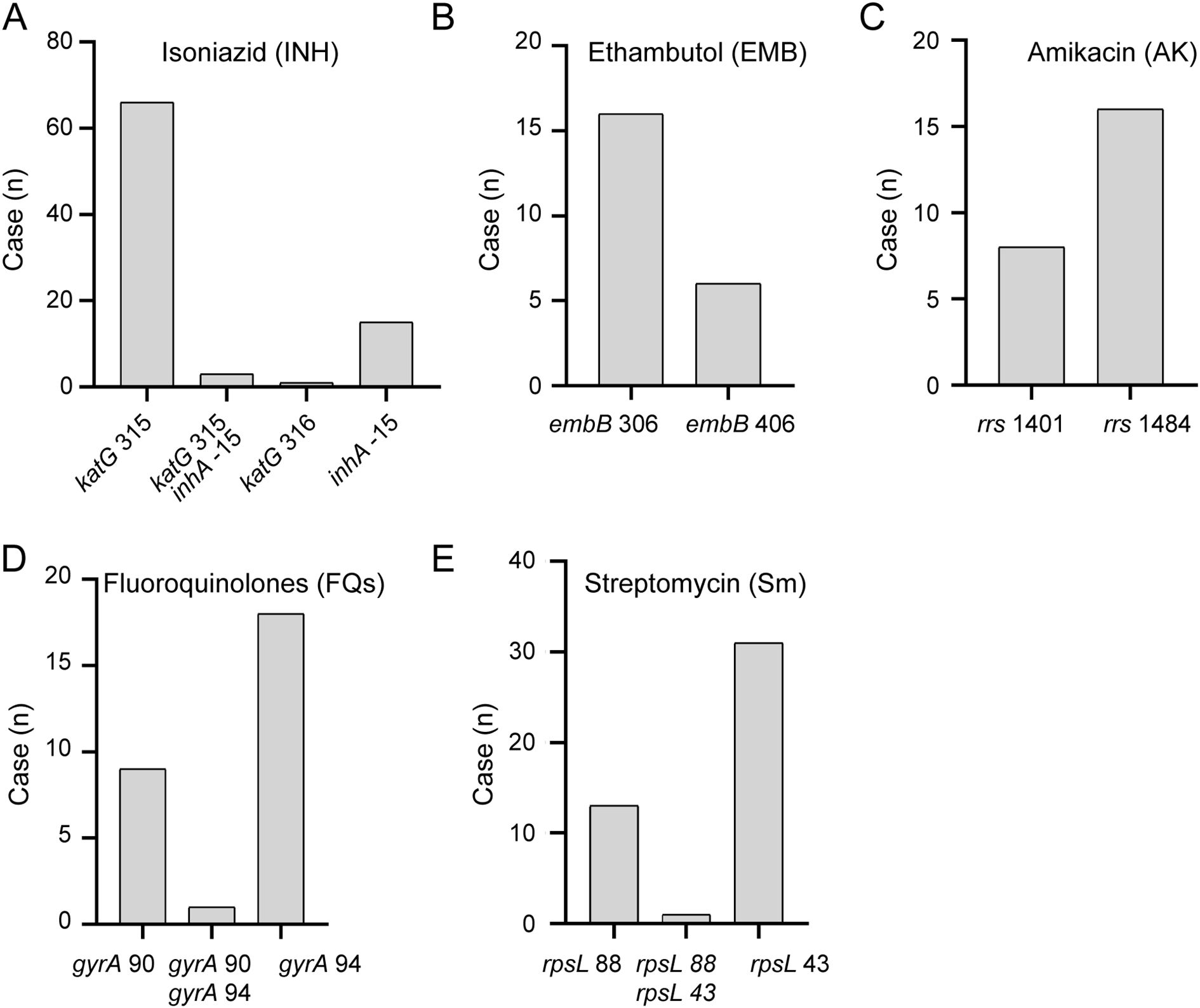 Bar graphs displaying cases with specific genetic mutations related to drug resistance. A) Isoniazid: katG 315 with highest cases. B) Ethambutol: embB 306 has more cases. C) Amikacin: rrs 1401 most frequent. D) Fluoroquinolones: gyrA 94 dominant. E) Streptomycin: rpsL 43 leads. Each graph shows two genetic locations on the horizontal axis with the number of cases on the vertical axis.