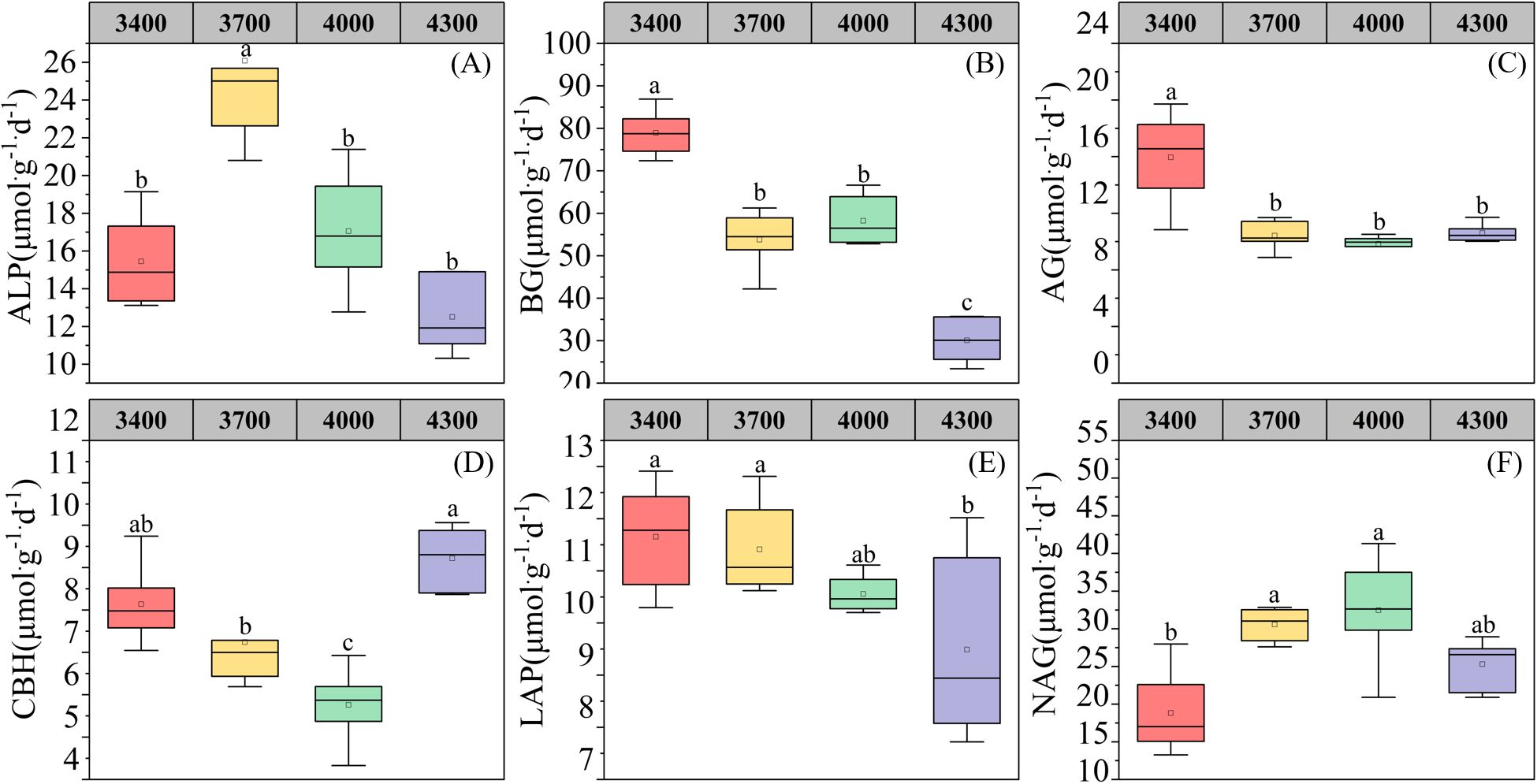 Six box plots labeled A to F display enzyme activity at altitudes 3400, 3700, 4000, and 4300 meters. Plot A shows ALP activity highest at 3700 meters. Plot B displays BG activity highest at 3400 meters. Plot C shows AG activity also highest at 3400 meters. Plot D indicates CBH activity peaking at 4300 meters. Plot E depicts LAP activity highest at 3400 and 3700 meters. Plot F shows NAG activity peaking at 4000 meters. Different letters indicate significant differences between altitude groups.