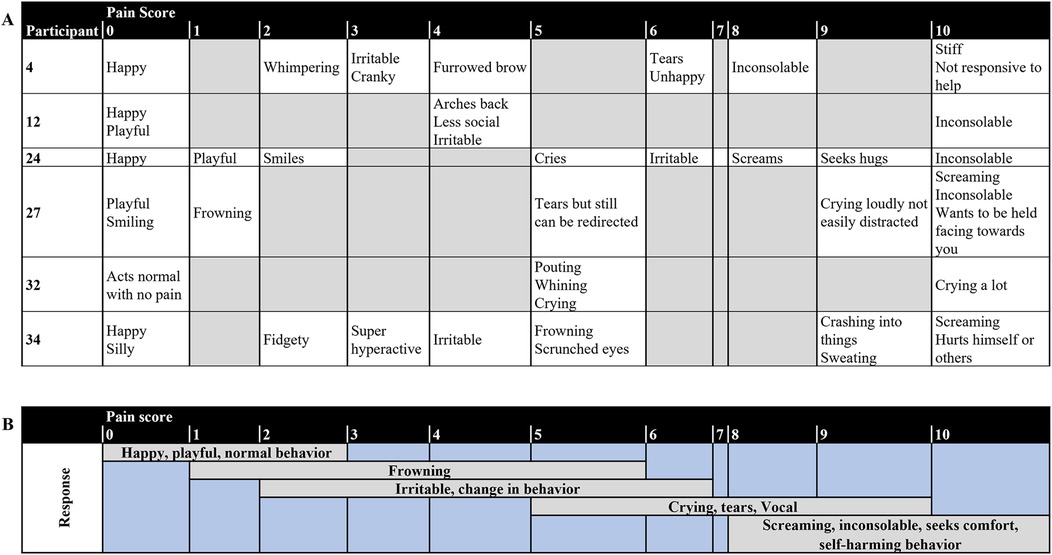 Chart A displays a matrix for participants labeled 4, 12, 24, 27, 32, and 34, detailing pain scores from 0 to 10 with corresponding behaviors such as \