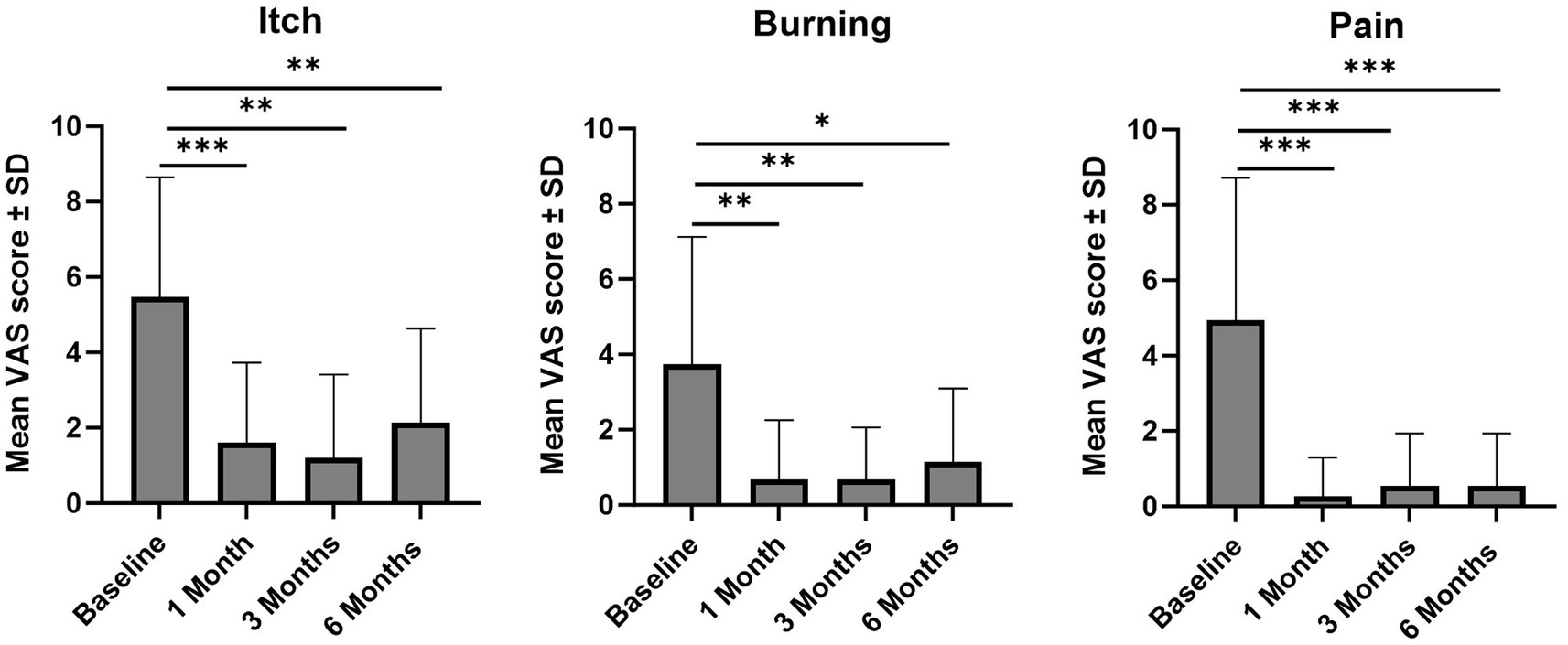 Three bar graphs display mean VAS scores with standard deviations for itch, burning, and pain at baseline, one month, three months, and six months. Scores decrease over time in all graphs, with statistically significant reductions indicated by asterisks.