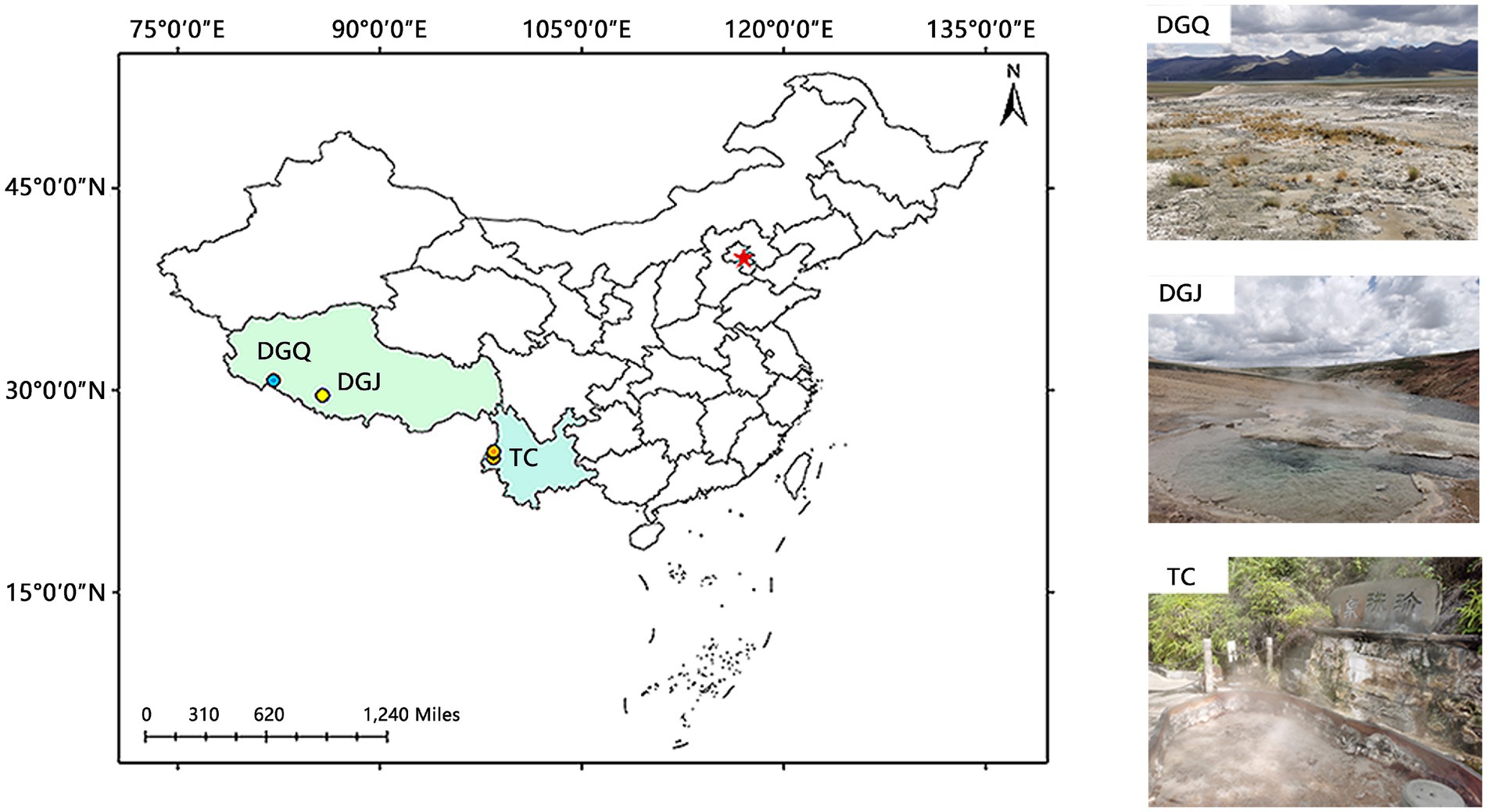 Map of China highlighting locations labeled DGQ, DGJ, and TC. On the right are three photos corresponding to these locations. DGQ shows a rugged landscape with mountains, DGJ depicts a steaming geothermal area, and TC features a built-up area with greenery.