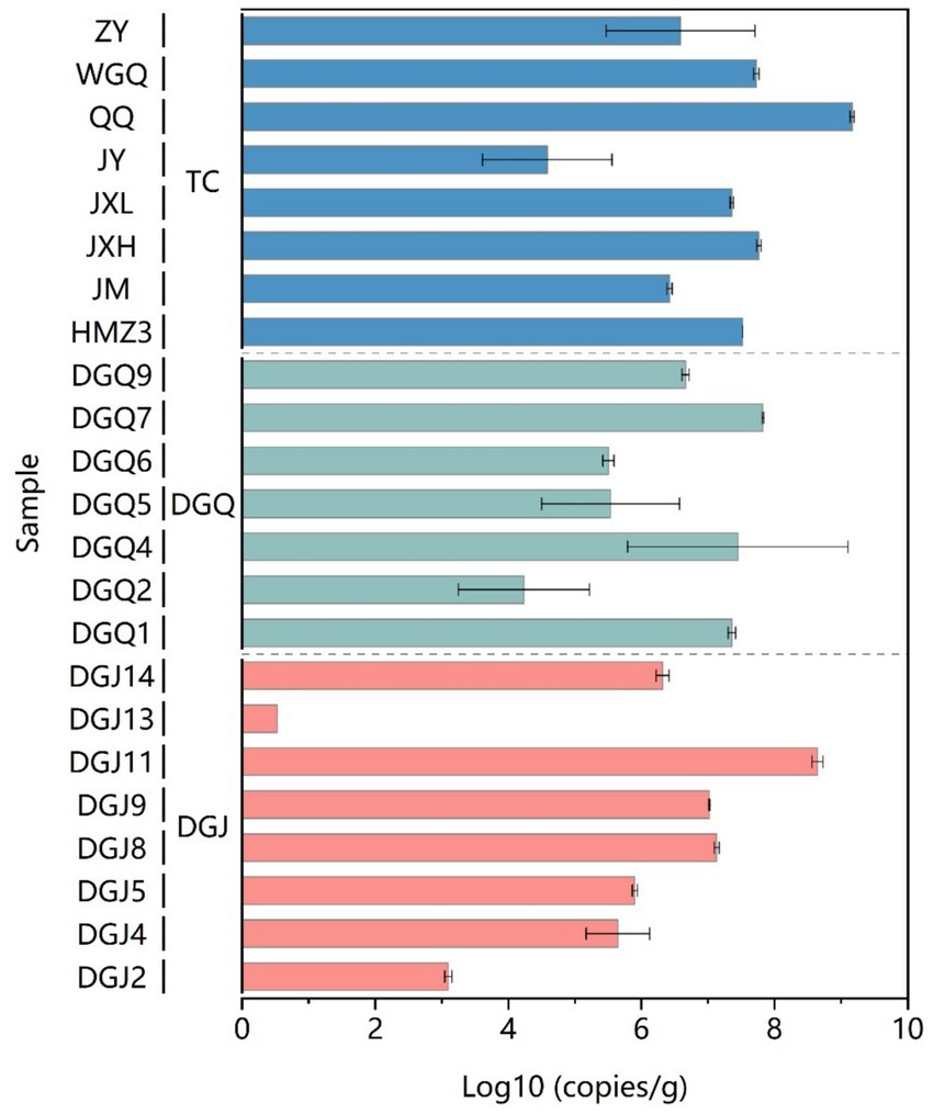Bar chart displaying Log10 (copies/g) for different samples, divided into three color-coded groups: blue for TC, green for DGQ, and red for DGJ. Each bar has an error line. Horizontal axis shows values from 0 to 10, and the vertical axis lists samples including ZY, WGQ, QQ for TC, and others.