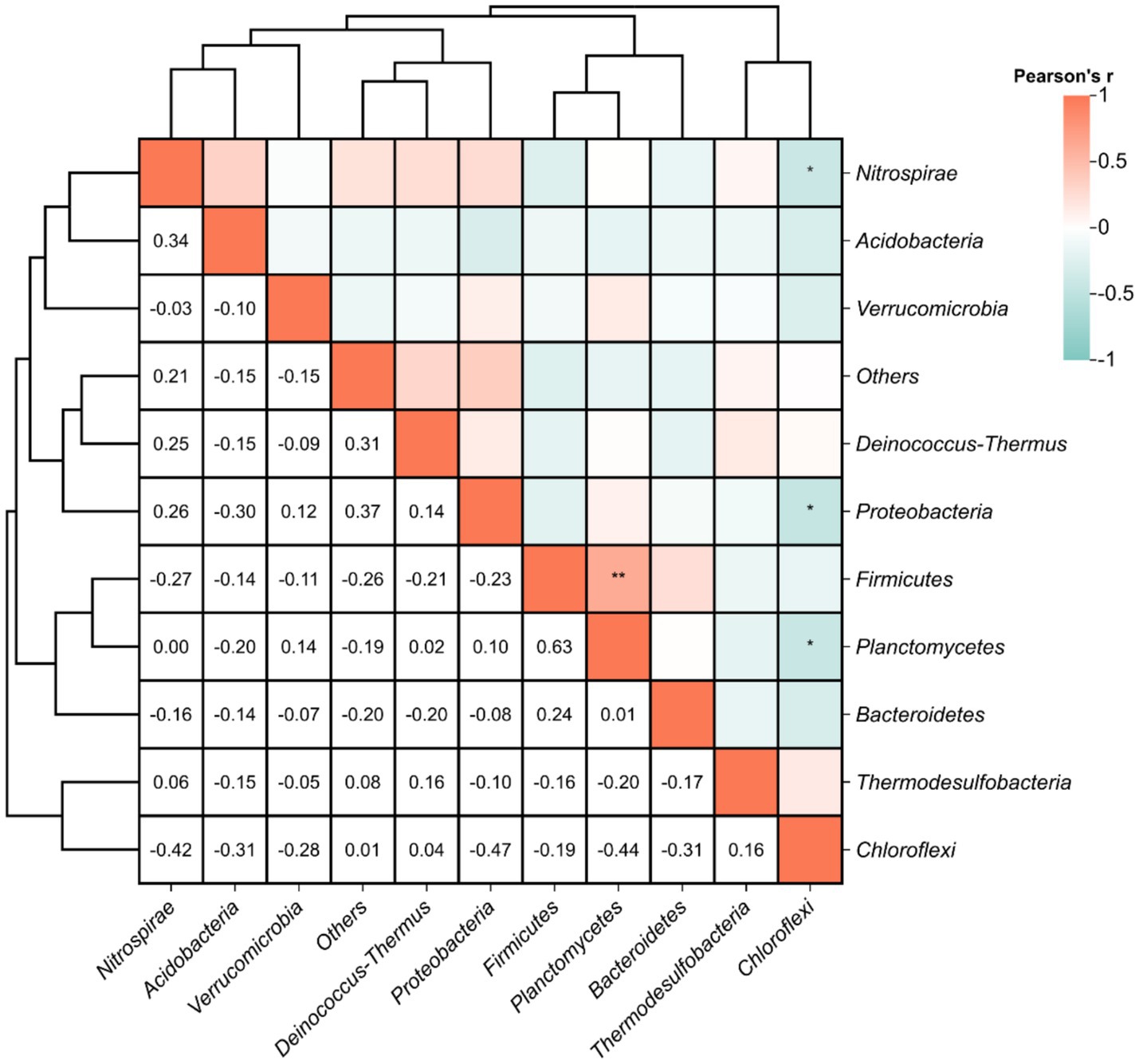 Clustered heatmap displaying Pearson's correlation coefficients among various bacterial phyla. The color scale ranges from light blue for negative correlations to red for positive correlations. Phyla include Nitrospirae, Acidobacteria, and others. Correlation values are annotated in the squares, with significant correlations marked by asterisks.