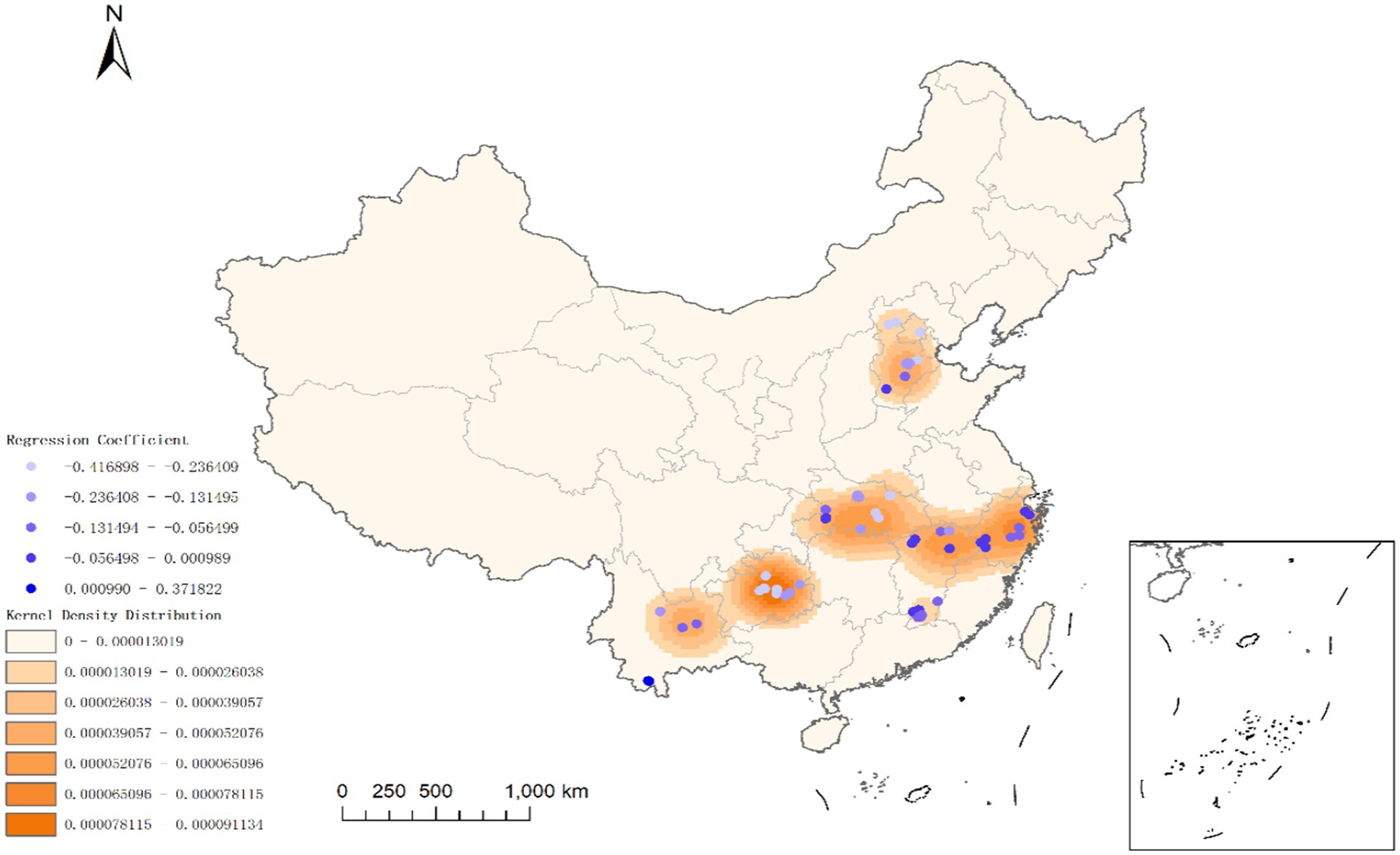 Map of China displaying regression coefficients and kernel density distribution. Areas are shaded from light to dark orange indicating density. Purple circles on the map represent varying levels of regression coefficients, ranging from light to dark purple. Insets show additional regional details. A scale bar is included for reference.