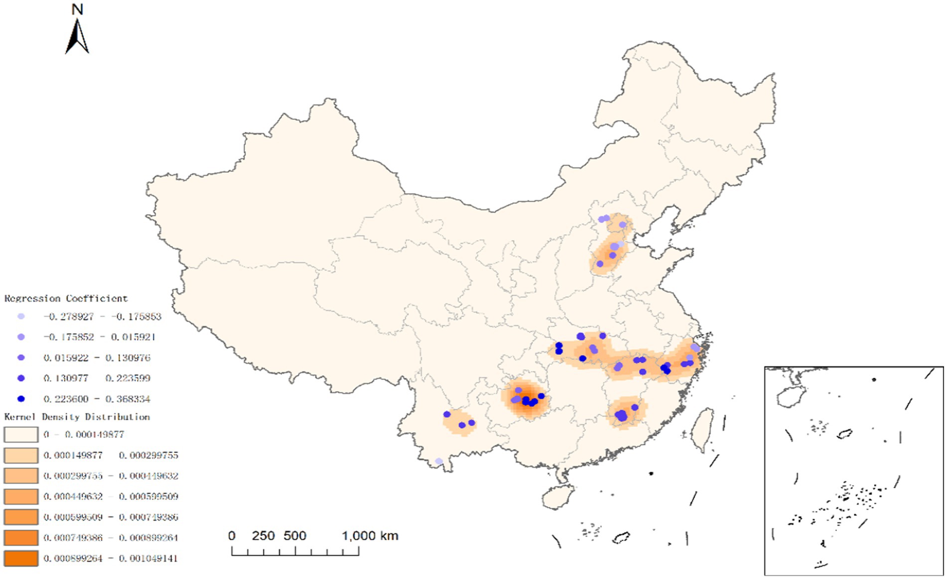 Map of China showing kernel density distribution and regression coefficients. Densely colored orange areas with varying intensities indicate kernel density, while blue dots represent regression coefficients, ranging from negative to positive values. A scale bar and compass are included for reference. Inset map shows a detailed view of islands.