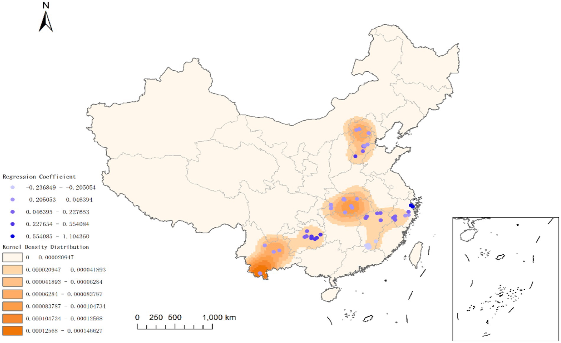 Map of China showing regression coefficients and kernel density distributions. Regions have varying orange shades for density, with blue circles denoting regression coefficients ranging from -0.236849 to 1.104360. A scale bar indicates distances.