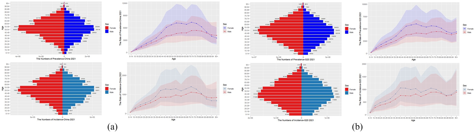 Four charts are displayed comparing prevalence and incidence of a condition in China and G20 countries for 2021. Top row: bar and line charts show prevalence by age and sex. Bottom row: similar charts display incidence by age and sex. Female and male data are indicated in red and blue, respectively.