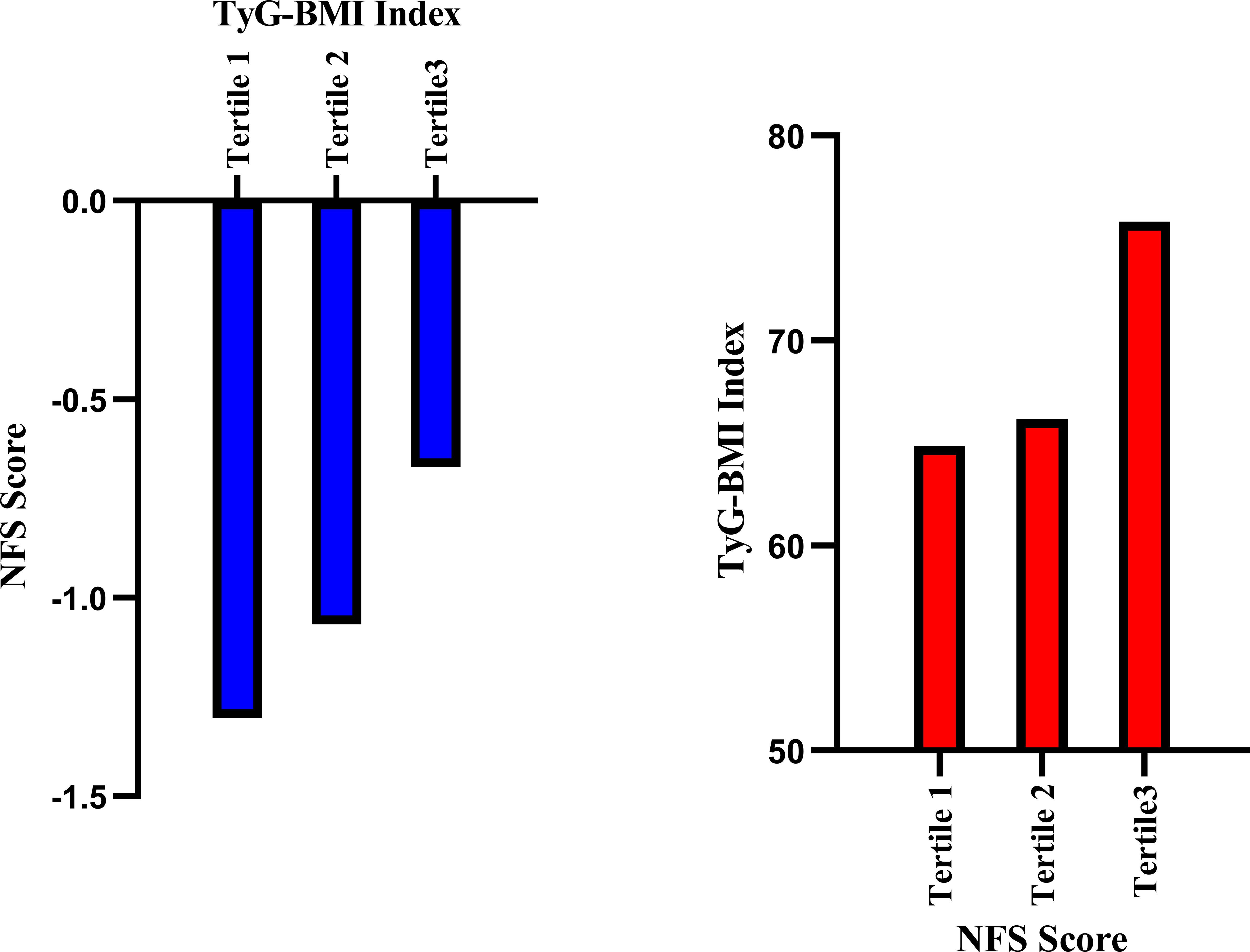 Two bar charts comparing Tertiles. Left chart: NFS Score on the y-axis against Tertiles on the x-axis, showing decreasing blue bars. Right chart: TyG-BMI Index on the y-axis against Tertiles on the x-axis, showing increasing red bars.