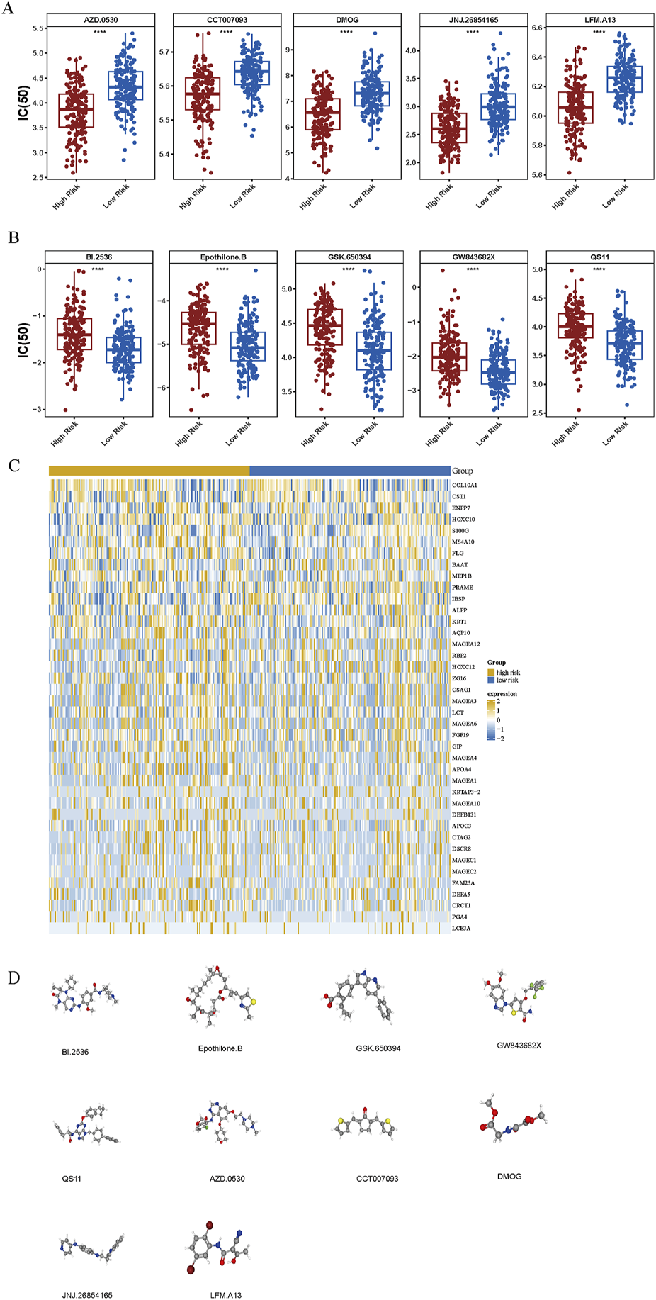 The image consists of four panels labeled A, B, C, and D. Panels A and B show grouped box plots comparing IC(50) values for high risk and low risk groups across different drugs, including AZD.0530, CCT007093, DMOG, and others. Panel C presents a heatmap illustrating gene expression levels for various genes, categorized by high and low risk groups. Panel D displays molecular structures of several compounds, such as BI.2536, Epothilone B, and GSK.650394.