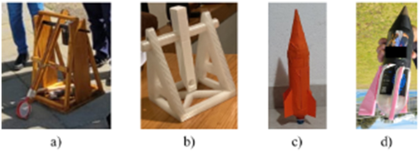 Four images labeled a to d. a) A wooden trebuchet placed outdoors. b) A small white model catapult fabricated by 3D printing c) An orange rocket made of cardboard on a tiled floor. d) A black and pink bottle rocket with some 3D-printed parts.