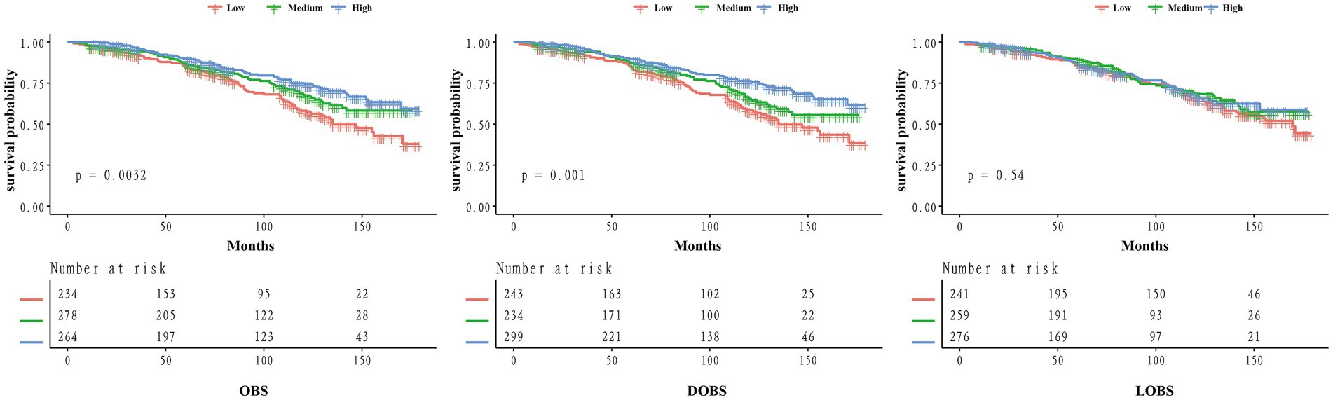 Three Kaplan-Meier survival plots compare survival probabilities over time. The plots are labeled OBS, DOBS, and LOBS. Each plot includes curves for low, medium, and high groups shown in red, green, and blue. P-values are 0.0032, 0.001, and 0.54, respectively. Below each plot, tables show the number at risk at different time points.