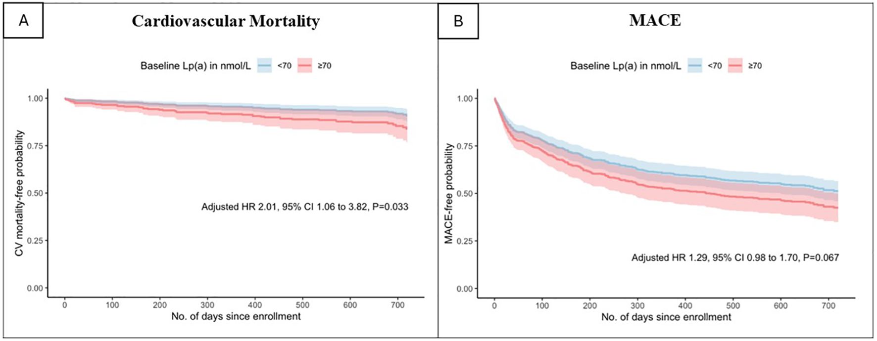 Graphs of cardiovascular mortality and major adverse cardiovascular events (MACE) free probability over time in days since enrollment. Panel A shows cardiovascular mortality with two lines: Lp(a) levels less than 70 nmol/L in blue and 70 or higher in red. The adjusted hazard ratio is 2.01, with a confidence interval of 1.06 to 3.82, and a p-value of 0.033. Panel B shows MACE-free probability with similar lines and an adjusted hazard ratio of 1.29, confidence interval of 0.98 to 1.70, and p-value of 0.067.