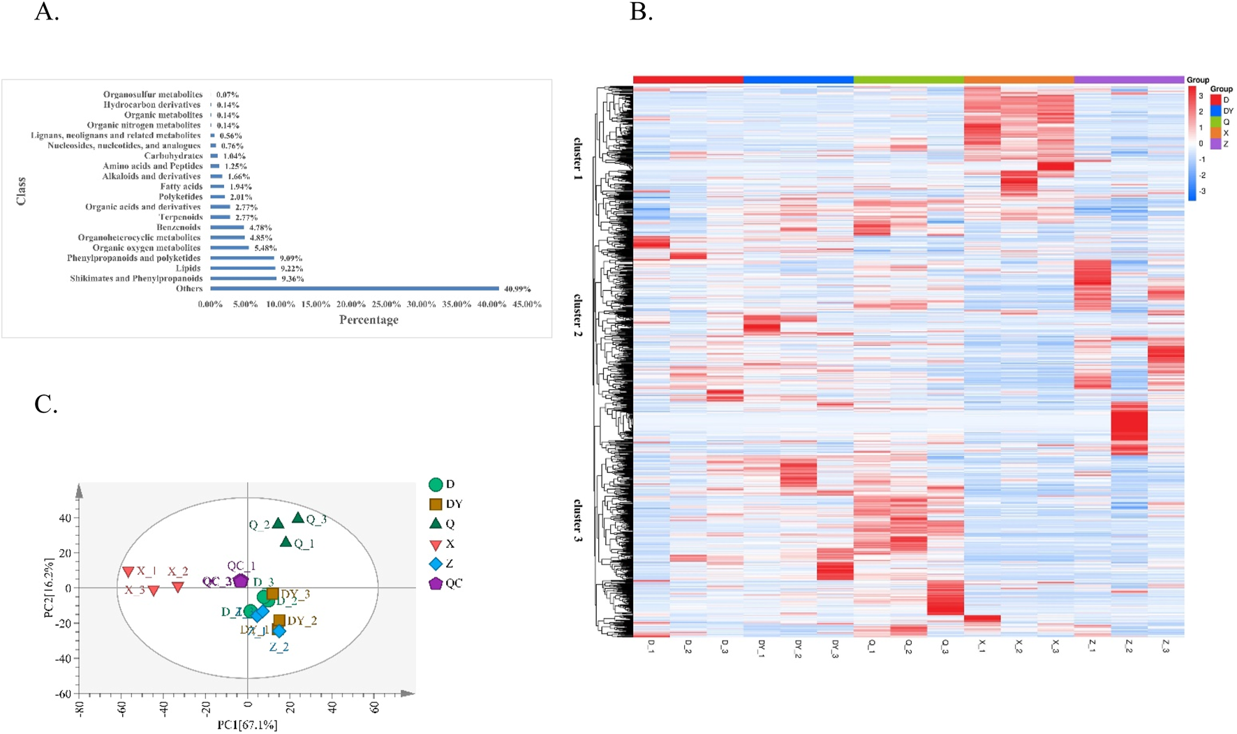 A three-part figure includes: A) A bar chart displaying the distribution of metabolite classes by percentage, with "Lipids" and "Others" being the largest. B) A heatmap showing hierarchical clustering of samples from different groups, with varying intensities of red and blue colors. C) A PCA plot illustrating cluster differentiation among samples, represented by different colored shapes for groups D, DY, Q, X, Z, and QC.