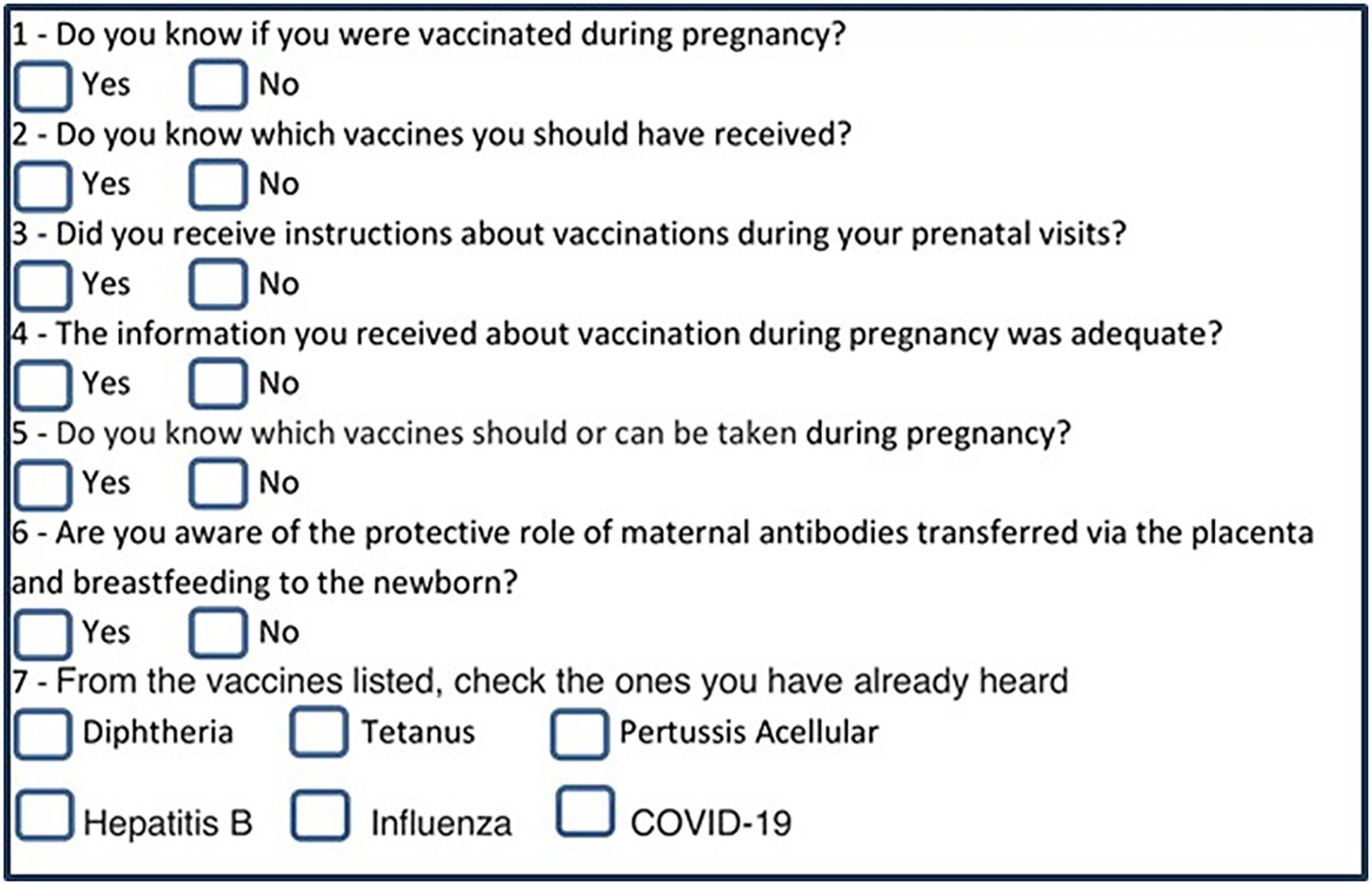 Survey with questions about vaccination during pregnancy. It includes options for yes or no answers and asks about vaccine knowledge, instructions during prenatal visits, adequacy of information, and the protective role of maternal antibodies. It also inquires about awareness of specific vaccines: Diphtheria, Tetanus, Pertussis Acellular, Hepatitis B, Influenza, and COVID-19.
