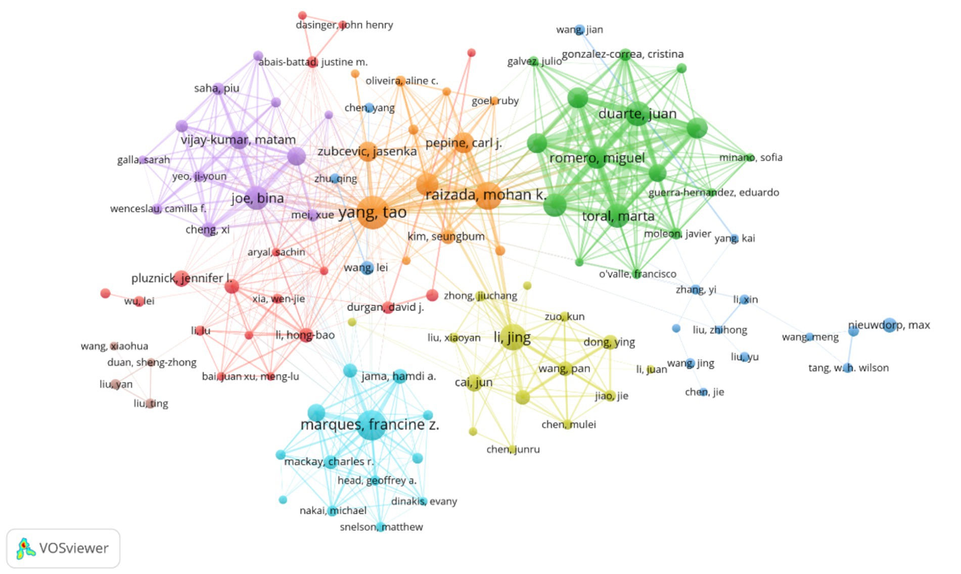 A network visualization depicting various nodes connected with lines, each representing different authors in clusters of distinct colors. Larger nodes indicate central authors such as Yang Tao, Duarte Juan, and Marques Francine Z., showing interconnected relationships among researchers. Created with VOSviewer, the image illustrates collaboration patterns within a research domain.