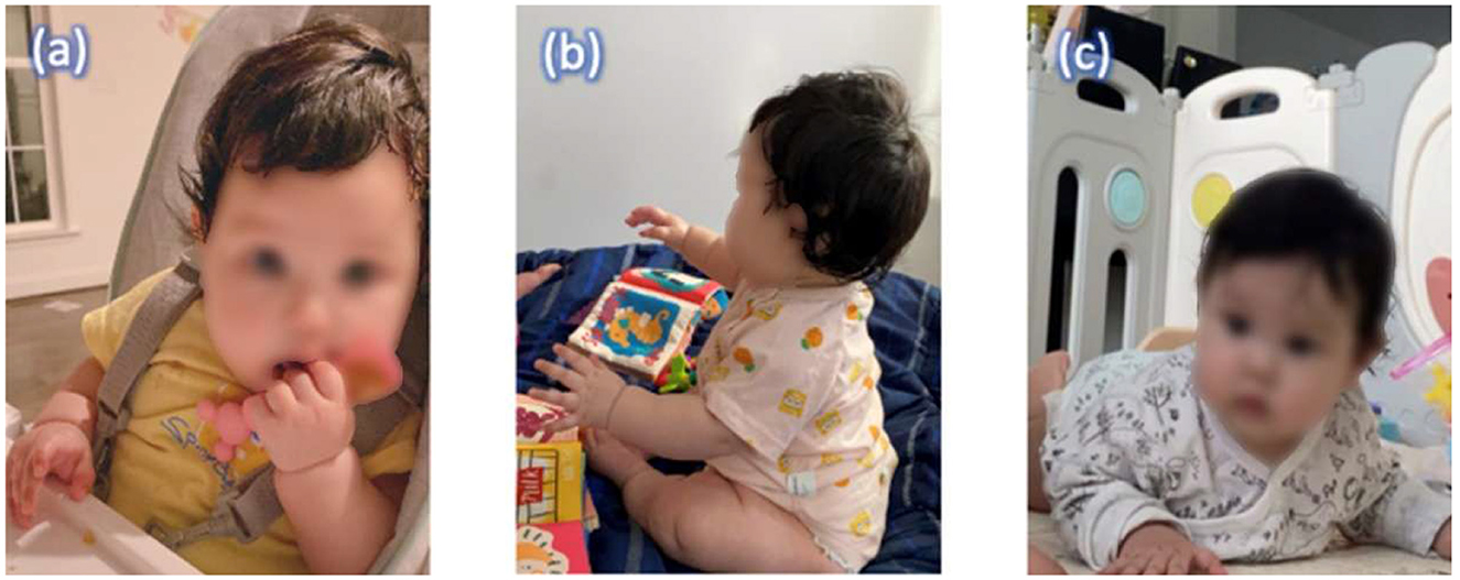 Three images labeled (a), (b), and (c) show a baby in different poses. In (a), the baby is seated in a high chair, wearing a yellow shirt and chewing on a toy. In (b), the baby is sitting up, playing with a colorful toy. In (c), the baby is lying on their stomach, wearing a patterned outfit in a play area.