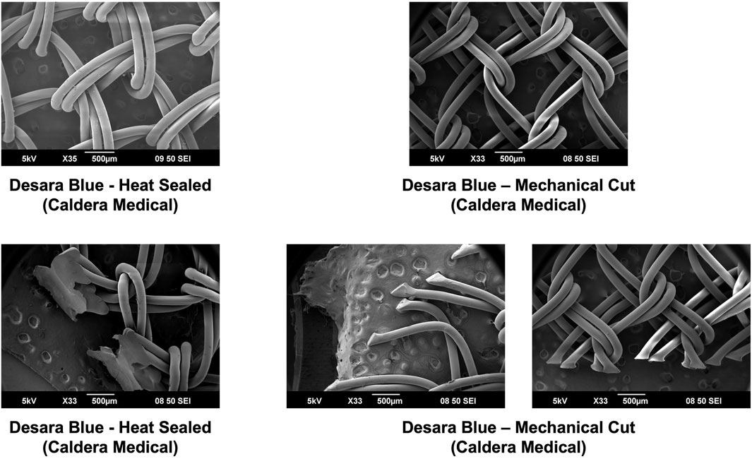 Scanning electron microscope images of Desara Blue mid-urethral sling, showing heat-sealed and mechanical cut varieties. The top images display the pores of the mid-urethral sling with Desara Blue heat sealed on the left and Desara Blue mechanical cut on the right. The bottom images show the edges of the mid-urethral slings, highlighting the texture and construction differences between sealing methods.