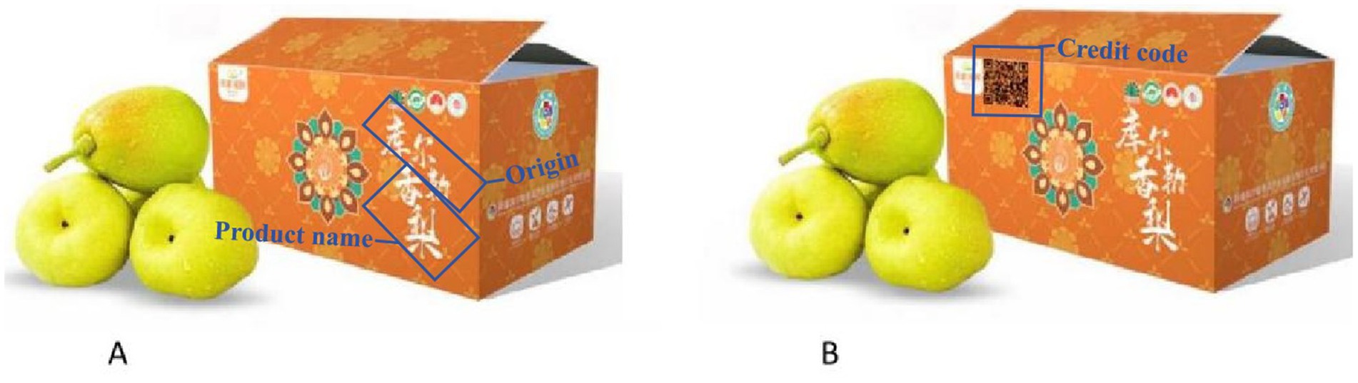 Two images labeled A and B show green pears next to an orange box with decorative patterns. The box includes labeled text indicating the product name and origin. A credit code is highlighted in image B.