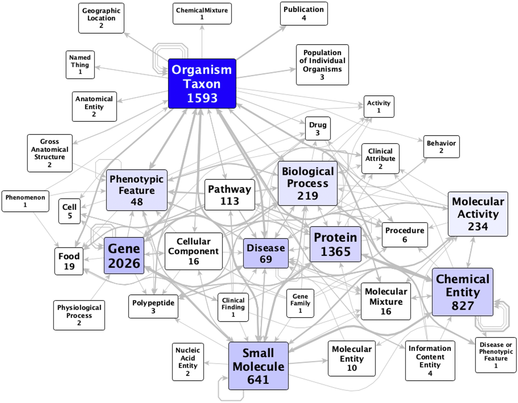 Network graph showing interconnections between various biological concepts. Central concepts include \"Organism Taxon\" with 1593 nodes, \"Gene\" with 2026, \"Protein\" with 1365, and \"Chemical Entity\" with 827. Arrows depict relationships among biological concepts like \"Disease,\" \"Small Molecule,\" and \"Pathway.\" Node sizes indicate the number of links.