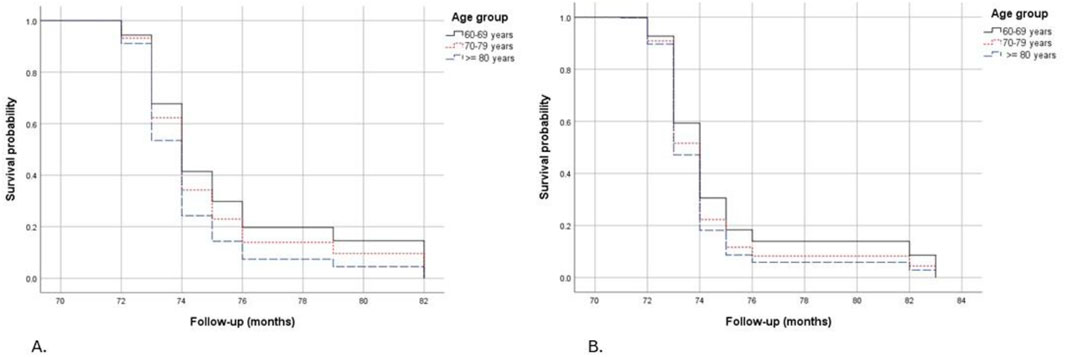 Two Kaplan-Meier survival probability graphs labeled A and B show follow-up in months on the x-axis and survival probability on the y-axis. Both graphs compare survival probabilities across three age groups: 60-69 years, 70-79 years, and 80 years and above, using solid, dashed, and dotted lines respectively. Graphs display similar stepwise declines in survival probability over time.