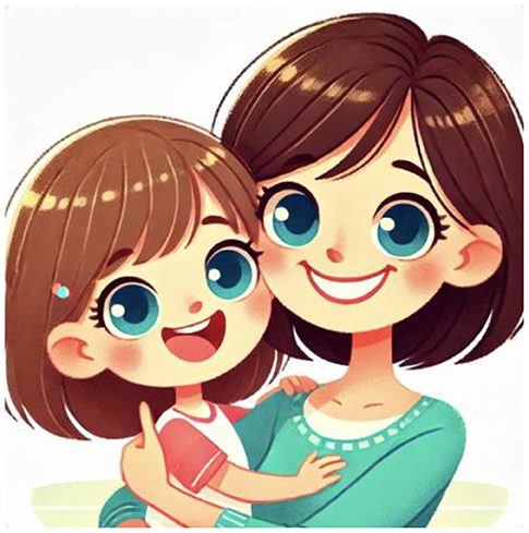 Illustration of a mother and daughter with large blue eyes and bright smiles. The daughter, wearing a pink and white shirt, is embraced by the mother, wearing a teal top. Both have brown hair.