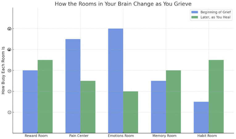 Bar chart titled "How the Rooms in Your Brain Change as You Grieve" displays activity levels in different brain areas labeled Reward Room, Pain Center, Emotions Room, Memory Room, and Habit Room. Two colors represent different stages: blue for the beginning of grief and green for later stages. Emotions Room shows a decrease in activity from blue to green, indicating reduced activity over time, while other rooms display varied changes.