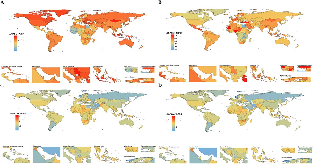 World maps displaying the Average Annual Percent Change (AAPC) for various health-related indicators. Four maps labeled A to D show trends in ASIR, ASPR, ASMR, and ASDR, each with a color gradient from blue (decreasing) to red (increasing). Insets highlight regions like the Caribbean, Persian Gulf, Balkan Peninsula, Southeast Asia, West Africa, Eastern Mediterranean, and Northern Europe for detailed views.