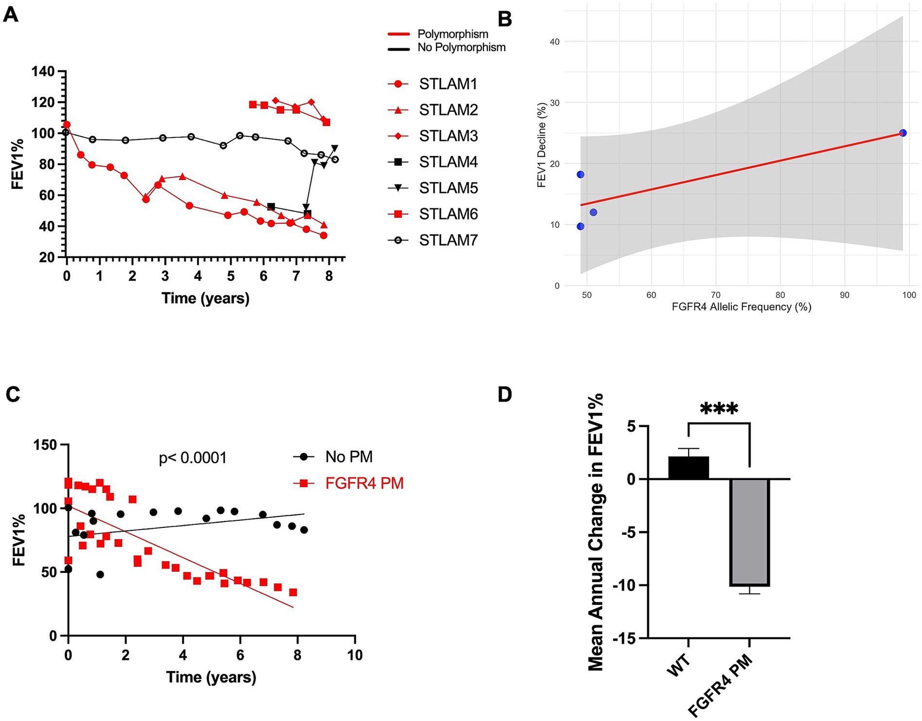 Four panels illustrate data on FEV1% decline. Panel A shows individual FEV1% over eight years, with a comparison between polymorphism and no polymorphism groups. Panel B is a scatter plot with a trend line depicting the relationship between FGFR4 allelic frequency and FEV1 decline, with a shaded confidence interval. Panel C exhibits FEV1% change over time, comparing no polymorphism (No PM) and FGFR4 PM groups, indicating significant differences (p < 0.0001). Panel D is a bar graph showing mean annual change in FEV1%, with FGFR4 PM showing greater decline compared to WT, marked with asterisks for significance.