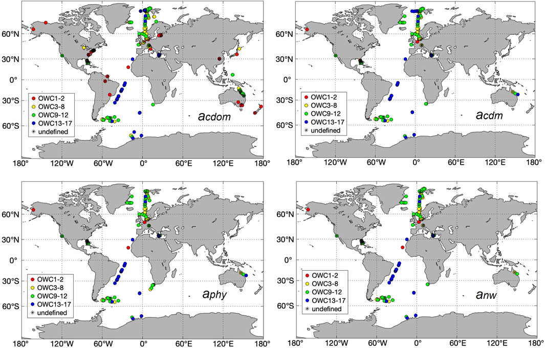 Four world maps displaying the matchup data between in-situ and satellite (OLCI) matchups data with colored dots. Each map represents different absorption coefficient datasets labeled “acdom,” “acdm,” “aphy,” and “anw.” Dots are color-coded as follows: red for OWC1-2, orange for OWC3-8, yellow for OWC9-12, blue for OWC13-17, and black for undefined. The maps show data distribution across oceans and continents, with a legend explaining the color categories.