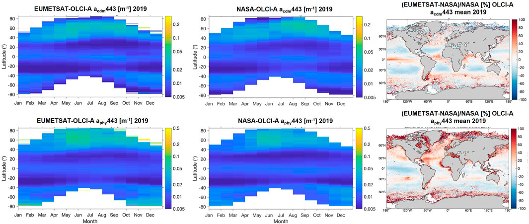 Six-panel graphic showing monthly and global variations in ocean color data from 2019, comparing EUMETSAT and NASA OLCI-A retrievals. The top row shows data for the absorption of coloured detrital and dissolved organic matter (acdm) at 443 nm, with two latitude-month charts and a world map of percentage differences between the two data sets. The bottom row displays similar data for phytoplankton absorption (aphy) at 443 nm with corresponding charts and map. Color gradients indicate values, with legends provided.
