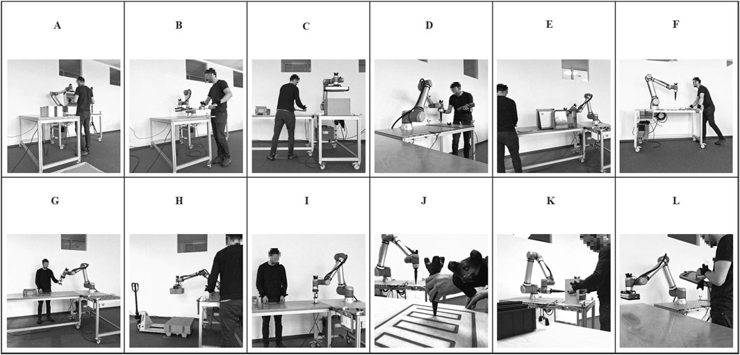 A series of twelve panels labeled A to L, depicting a person interacting with a robotic arm in various settings. The individual operates the robotic arm on different desks and platforms, performing tasks such as adjusting controls, manipulating objects, and using the robot in coordination with other equipment. The scenes highlight the human-robot interaction and workspace setup, with focus on various stages of operation and task execution.
