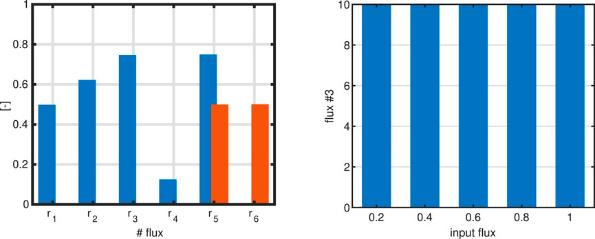 Two bar graphs are shown. The left graph displays the values of six fluxes (r1 to r6) on the y-axis, with r1 to r4 in blue and r5 to r6 in red. The right graph shows a consistent distribution of flux number 3 on the y-axis across varying input flux levels from 0.2 to 1.0 on the x-axis, with all bars in blue.