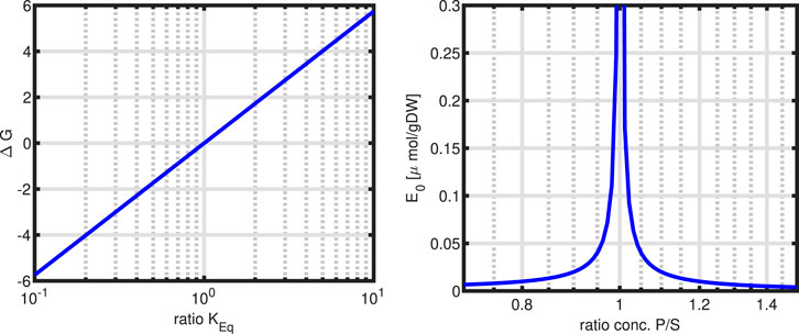 Two graphs are shown. The first graph plots ΔG against the ratio K_eq on a logarithmic scale from 0.1 to 10, displaying a linear increase. The second graph plots E_c in μ mol/gDW against the ratio of concentrations P/S, peaking sharply at 1 and tapering off symmetrically on both sides.