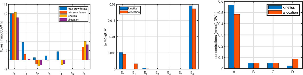 Three bar charts compare different biological metrics. The first chart shows fluxes labeled as r0 to r6 across four methods: max growth rate, min sum fluxes, kinetics, and allocation. The second chart displays enzyme activity (µmol/gDW) for E0 to E6 comparing kinetics and allocation. The third chart illustrates concentrations (mmol/gDW) for substrates A to D, again comparing kinetics and allocation. Different colors represent each method.