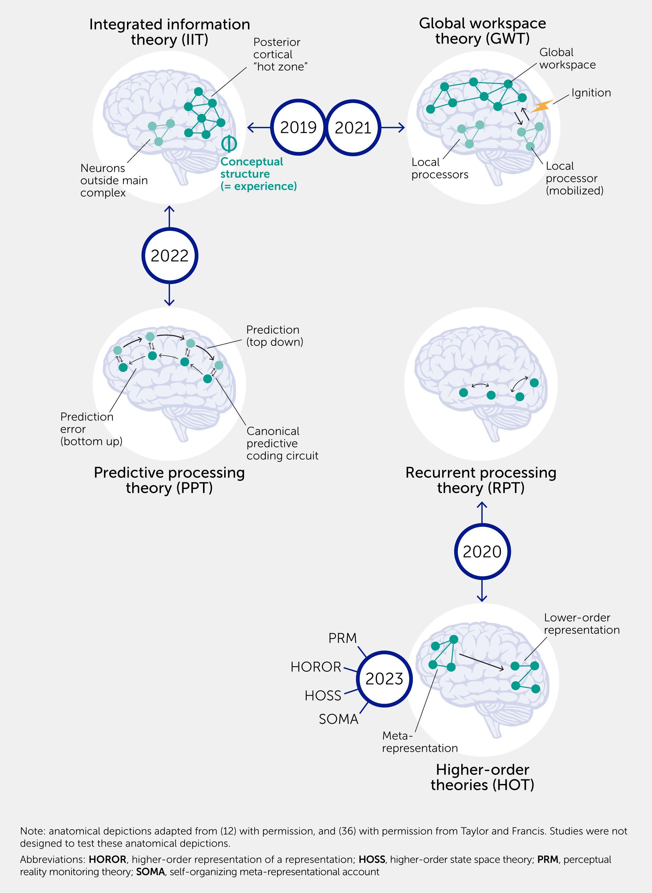Diagram showing five theories of consciousness mapped to brain regions over years 2019 to 2023. Integrated Information Theory (IIT) highlights the posterior cortical “hot zone.” Global Workspace Theory (GWT) includes global workspace and local processors. Predictive Processing Theory (PPT) involves prediction circuits. Recurrent Processing Theory (RPT) shows lower-order representation. Higher-Order Theories (HOT) feature meta-representation. Abbreviations include HOROR, HOSS, PRM, and SOMA. Adaptations from Seth and Bayne (2022) and Lamme (2010).
