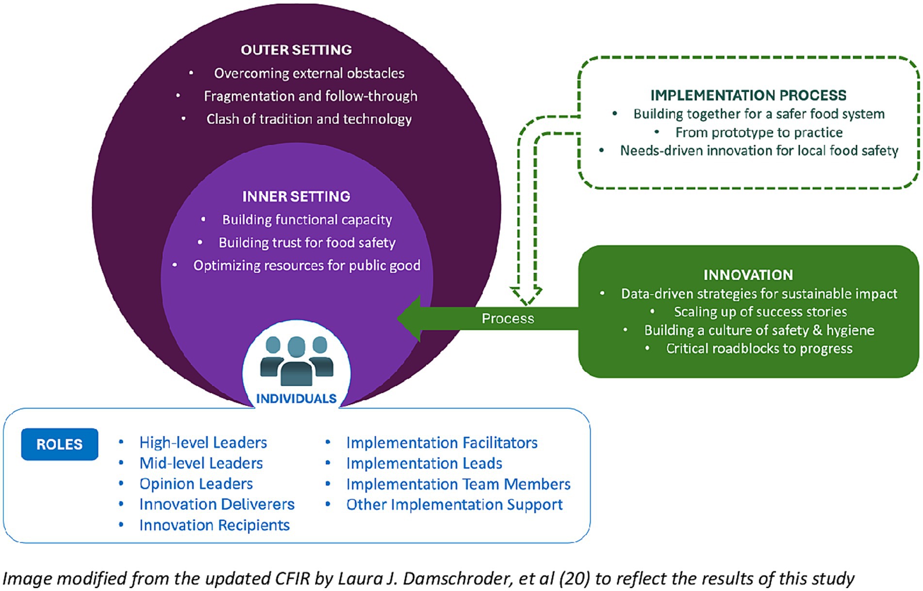 Figure illustrating themes mapped onto the CFIR framework. Four themes fall under the innovation domain: data-driven strategies, scaling success stories, building a culture of safety and hygiene, and identifying critical roadblocks. The outer setting includes themes of overcoming external obstacles, fragmentation and follow-through, and the clash between tradition and technology. The inner setting highlights building functional capacity, establishing trust in food safety, and optimizing resources for public good. The implementation process includes building collaboratively for a safer food system, transitioning from prototypes to practice, and applying needs-driven innovation. Roles such as leaders, facilitators, and team members are represented.