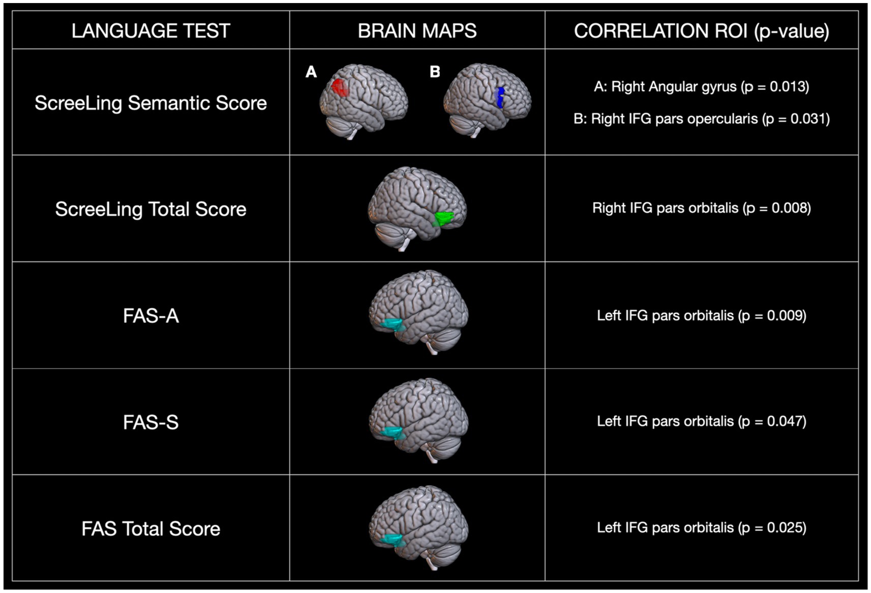Table showing language tests, brain maps, and correlation regions of interest with p-values. ScreeLing Semantic Score involves the right angular gyrus and right IFG pars opercularis. The ScreeLing Total Score is linked to the right IFG pars orbitalis. FAS-A and FAS-S, as well as the FAS Total Score, correlate with the left IFG pars orbitalis. Colored brain areas indicate these regions: red, blue, green, and teal.