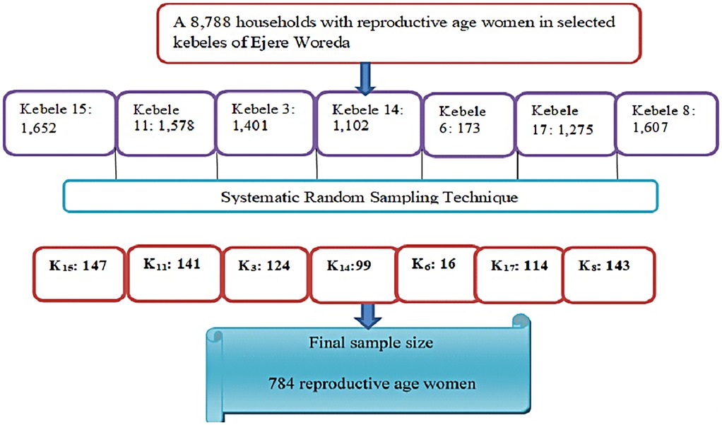 Systematic random sampling diagram showing households with reproductive-age women from selected kebeles of Ejere Woreda: Kebele 15 (1,652), Kebele 11 (1,578), Kebele 3 (1,401), Kebele 14 (1,102), Kebele 6 (173), Kebele 17 (1,275), Kebele 8 (1,607). Final sample sizes: Kebele 15 (147), Kebele 11 (141), Kebele 3 (124), Kebele 14 (99), Kebele 6 (16), Kebele 17 (114), Kebele 8 (143). Total sample size is 784 reproductive-age women.
