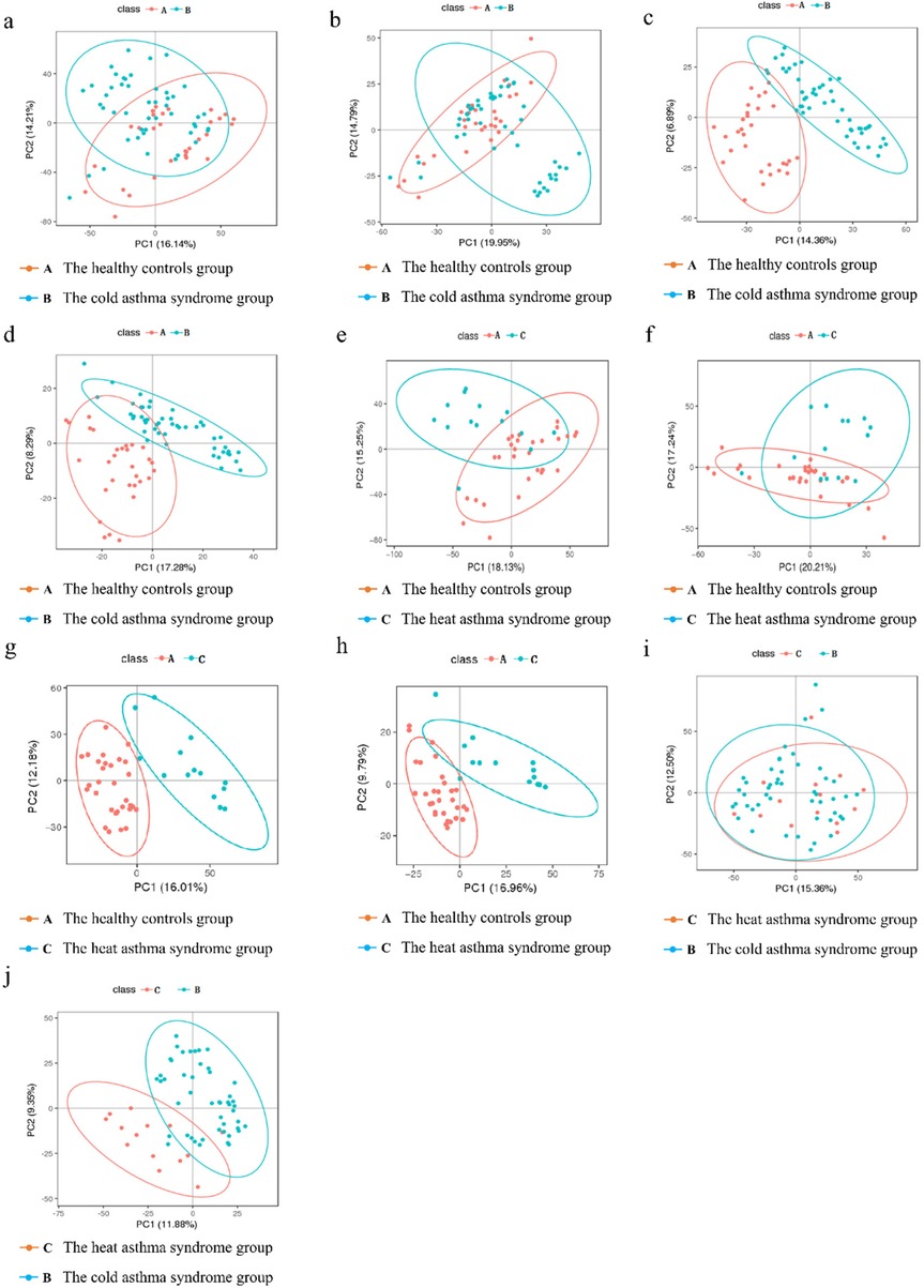 Ten scatter plots (a-j) each with PC1 and PC2 axes, compare groups: healthy controls (orange), cold asthma syndrome (blue), and heat asthma syndrome (blue). Ellipses illustrate group distributions. Each plot title describes the group comparisons.