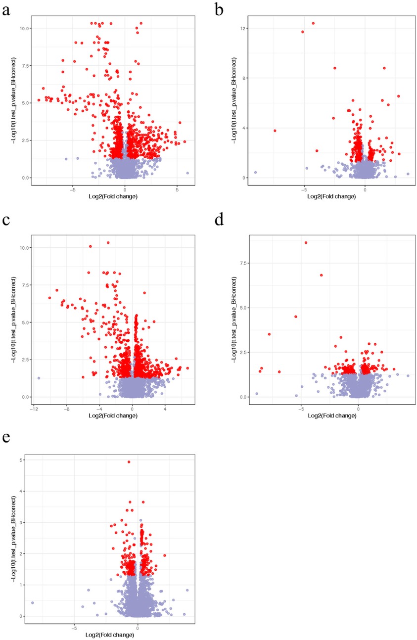 Five volcano plots labeled a to e display data on log2 fold change versus negative log10 adjusted p-value. Points above a certain threshold are colored red to indicate significance, while others are in purple. Each plot shows varying distributions of significant and non-significant data points across different x and y axes, representing different experimental conditions or results.