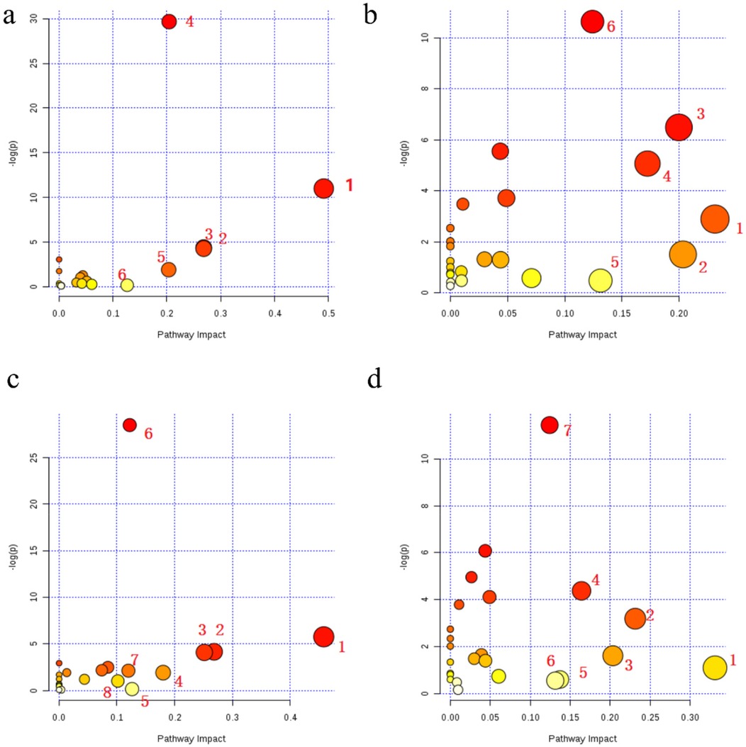 Four scatter plots labeled a, b, c, and d. Each plot shows bubble charts illustrating pathway impact on the x-axis versus negative logarithm of p-values on the y-axis. Bubble size varies, indicating different data points, with colors ranging from yellow to red. Numbers are labeled near select bubbles.
