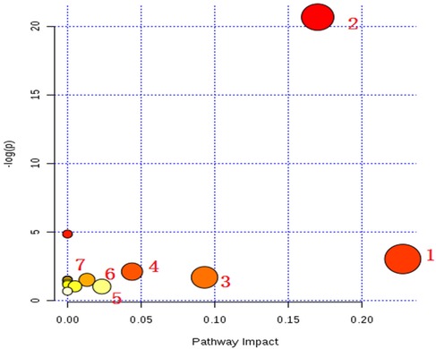 Bubble plot depicting pathway impact versus negative logarithm of p-values. Larger, darker bubbles indicate higher impact and significance. Bubbles are numbered from one to seven based on their significance and impact.