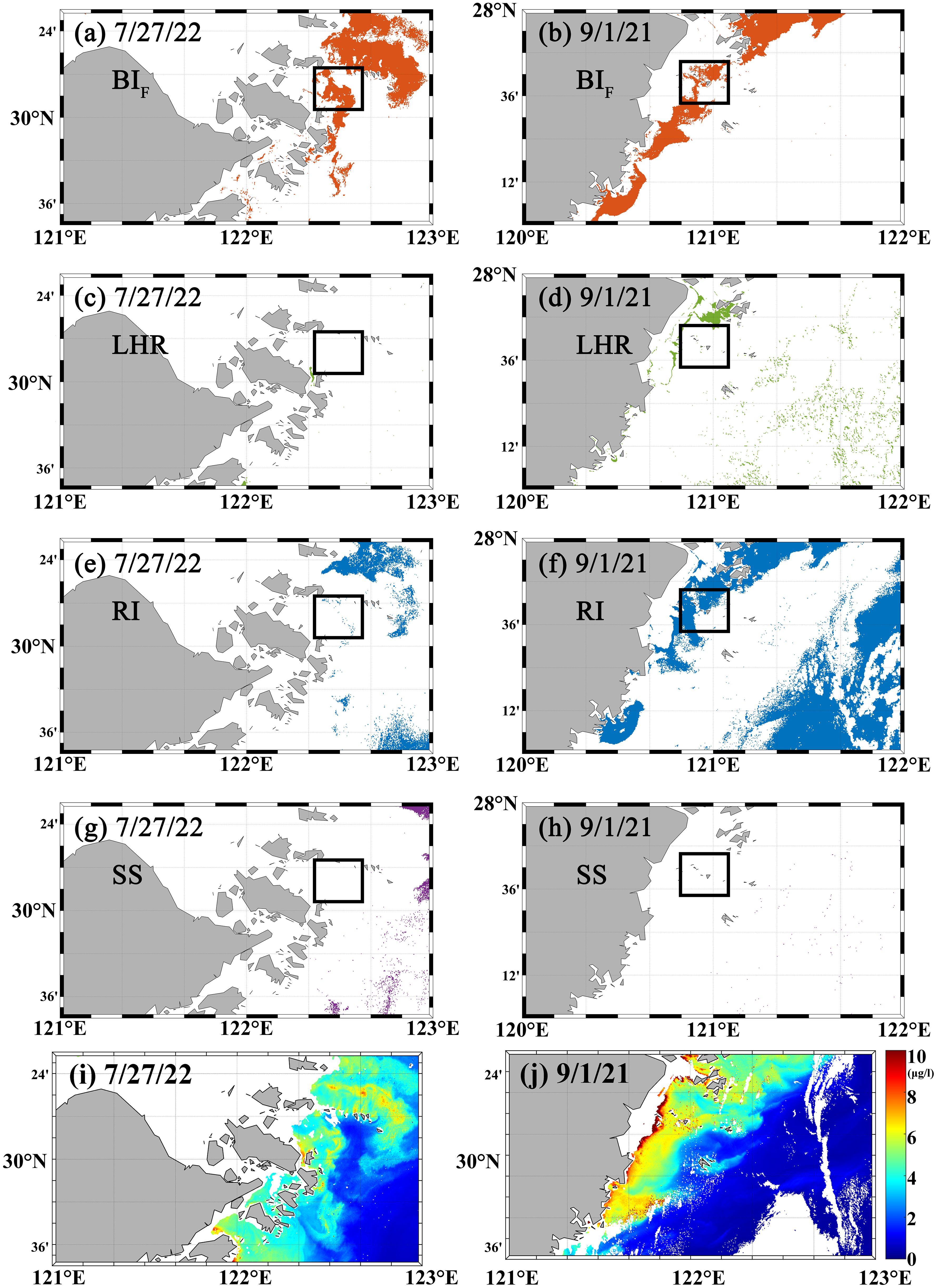 Ten maps labeled (a) to (j) show different datasets for two dates: July 27, 2022, and September 1, 2021. Each map highlights varying data types: BI_F (orange), LHR (green), RI (blue), and SS (purple). Locations are marked in gray and white, with one map depicting a color gradient from 2 to 10 (μg/l).