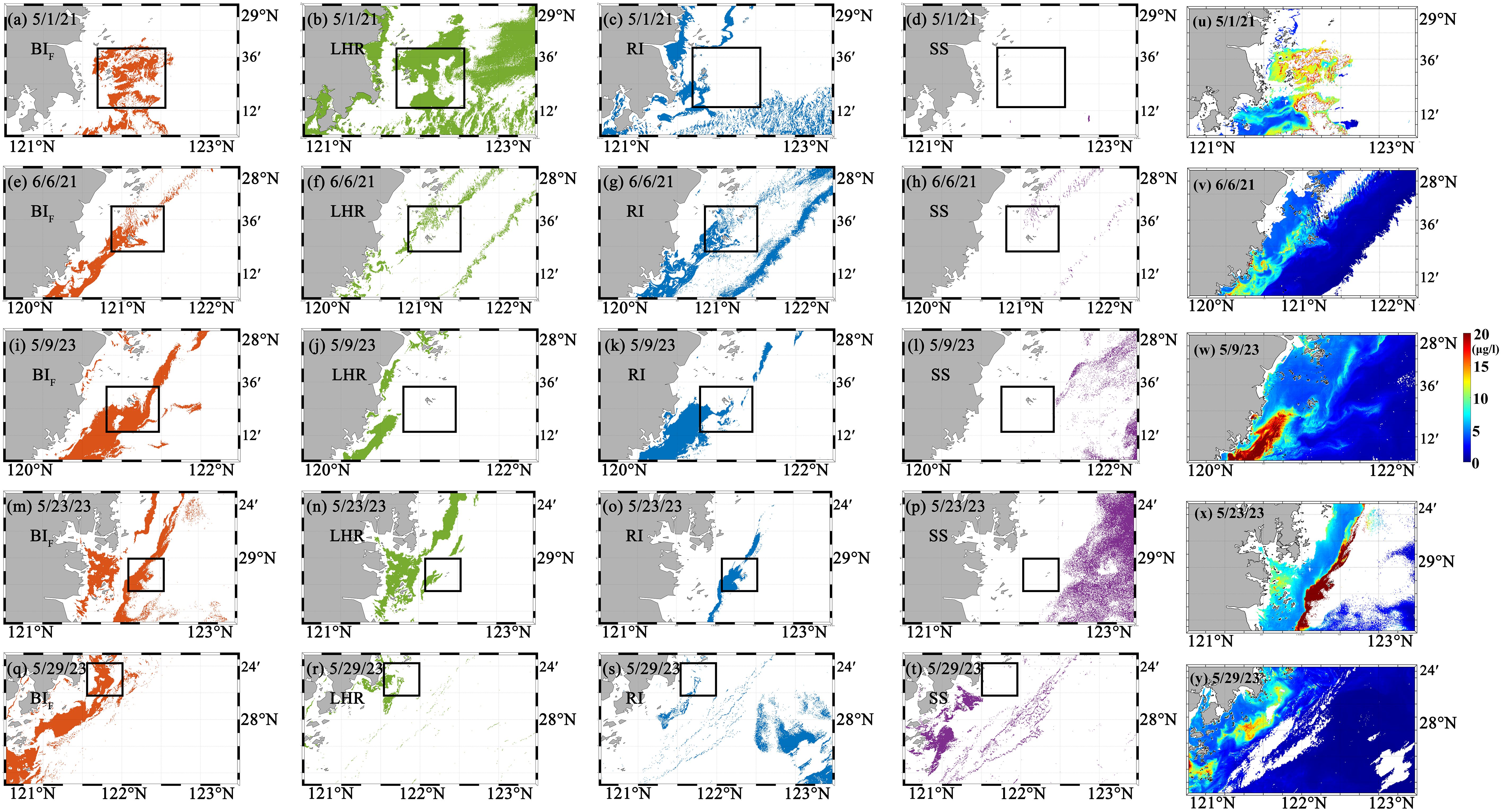 Series of maps from May 1, 2021, to May 29, 2023, show environmental data over a specific geographic area. Each map uses different colors to represent various parameters: BI (brown), LHR (green), RI (blue), and SS (violet), with boxed regions highlighting areas of interest. Last column presents maps with a color scale from blue to red, indicating concentration levels from 0 to 20 micrograms per liter. Coordinates range from 120-123°N longitude and 12-29°N latitude.