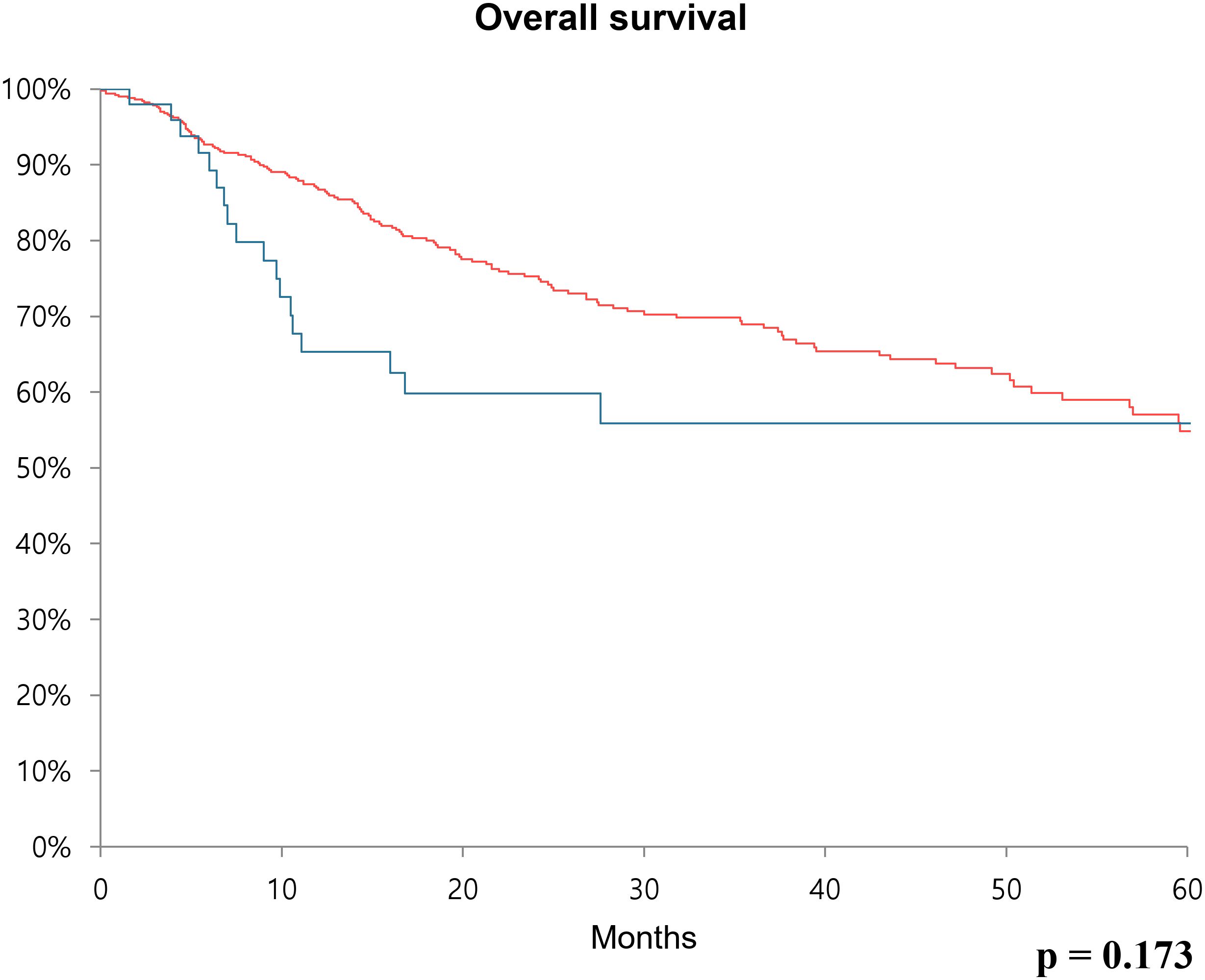 Kaplan-Meier survival curve showing overall survival over 60 months. The red line represents one group with higher survival rates compared to the blue line representing another group. Survival starts at 100% and decreases over time. The p-value is 0.173.