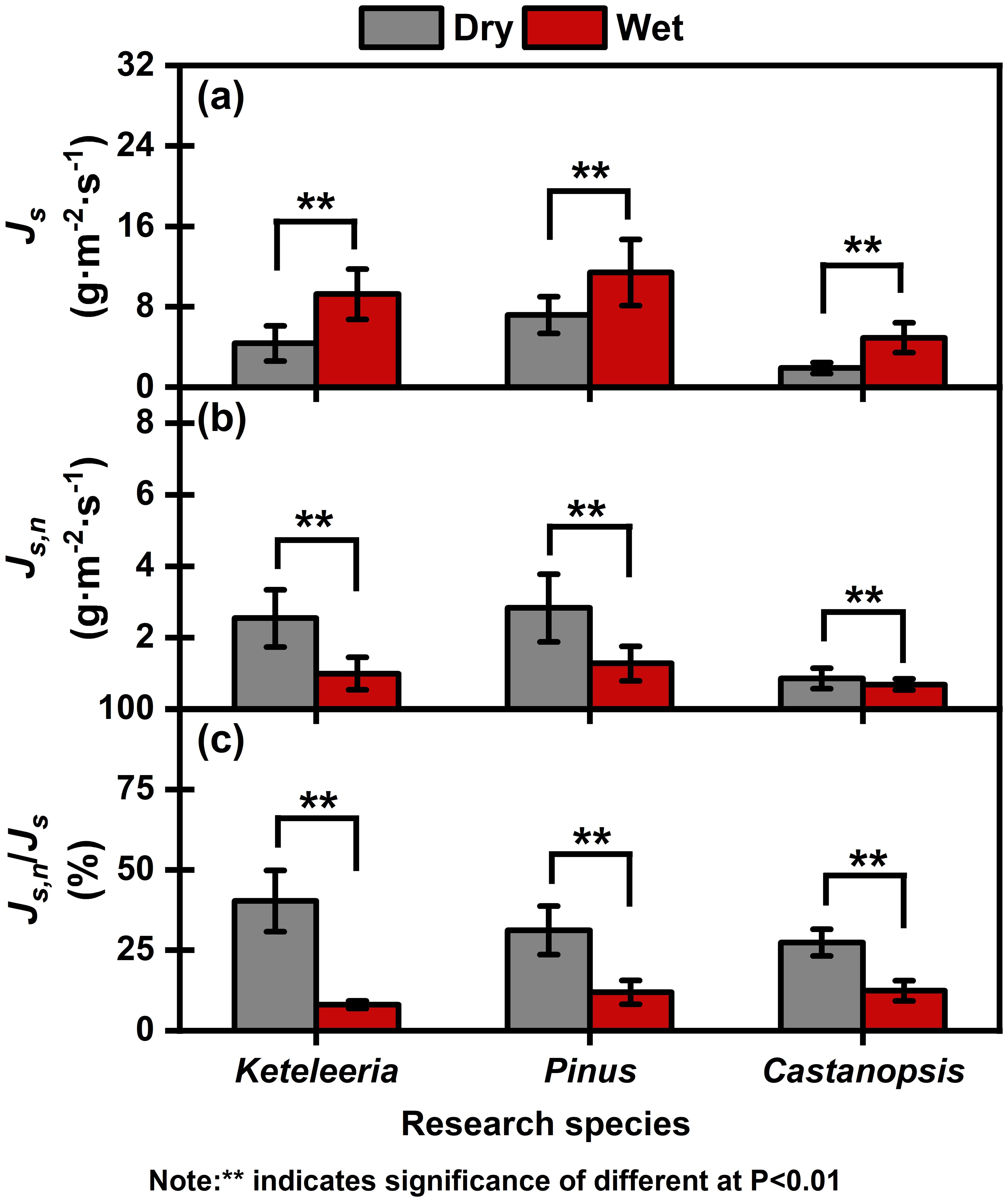 Bar charts labeled (a), (b), and (c) compare sap flow parameters for Keteleeria, Pinus, and Castanopsis under dry (gray) and wet (red) conditions. Significant differences are marked with double asterisks (P<0.01).