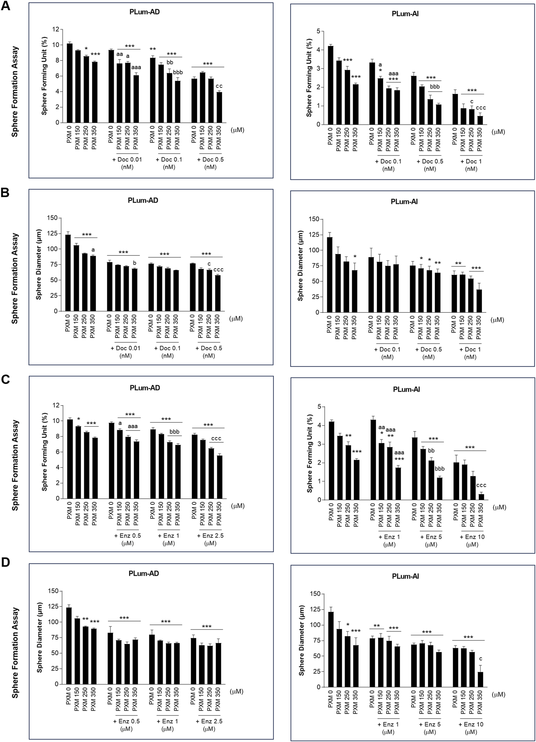 Four panels (A-D) compare sphere formation assays between PLum-AD and PLum-AI cells. Each panel shows bar graphs illustrating sphere forming unit percentage or sphere diameter under treatments with PXM at different concentrations and combinations with Doc or Enz. Statistical significance is indicated by asterisks and letters.