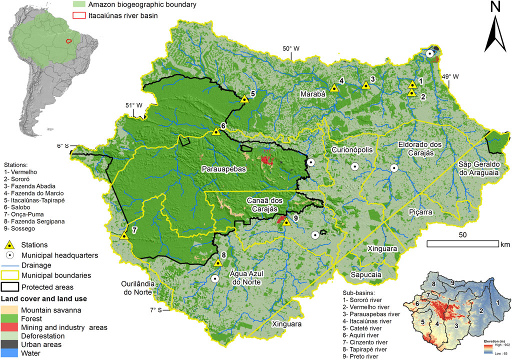 Map of the Itacaiúnas river basin within the Amazon biogeographic boundary, marked in red. It shows stations, municipal boundaries, protected areas, rivers, and land use types, including forest, savanna, and urban areas. There is an inset map showing South America with the basin's location highlighted. Key locations include Parauapebas, Canaã dos Carajás, and Marabá. Stations and sub-basins are numbered with a corresponding legend. An elevation gradient from low to high is also provided.