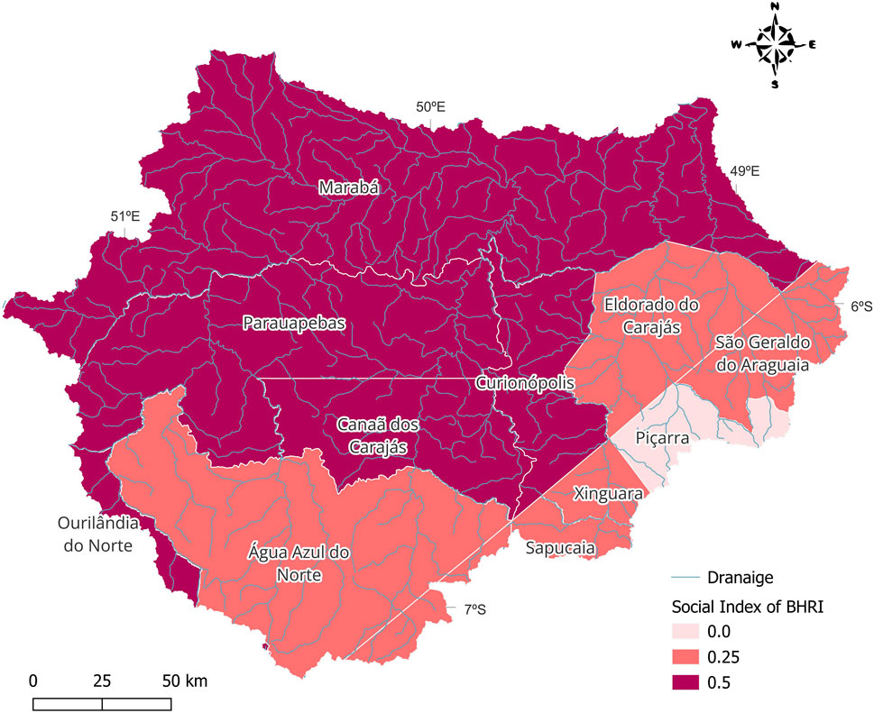 Map illustrating a region with labeled cities, including Marabá, Parauapebas, and Canaã dos Carajás. Color-coded to show the Social Index of BHRI, with values ranging from 0.0 to 0.5. Drainage lines are marked in blue. A compass and scale bar are included for orientation and distance reference.